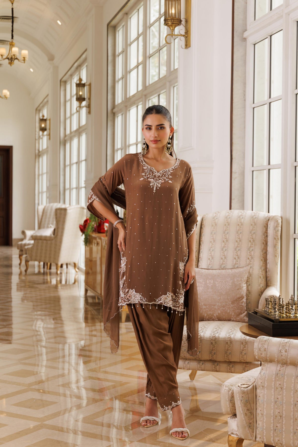 Warm Mocha Embellished Crepe Silk Salwar Set