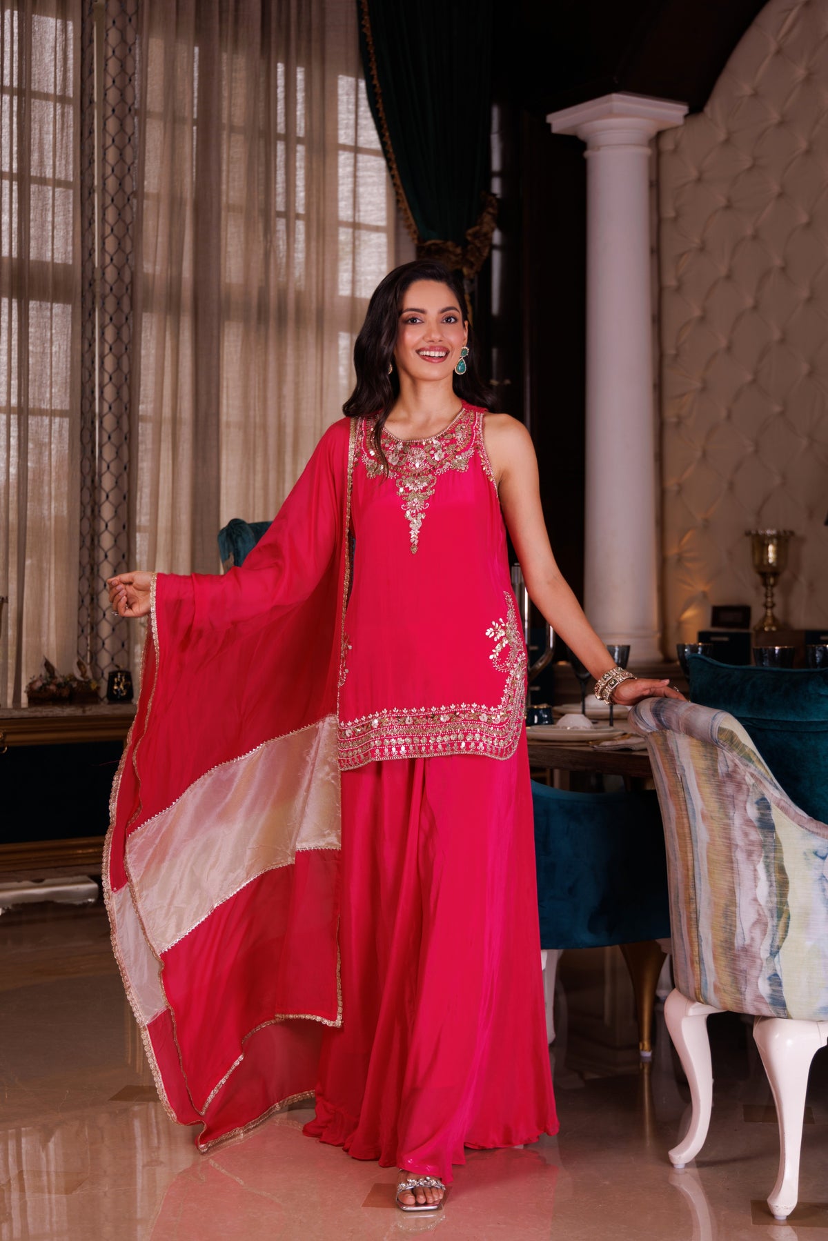 Fuchsia Pink Embellished Crepe Silk Palazzo Set