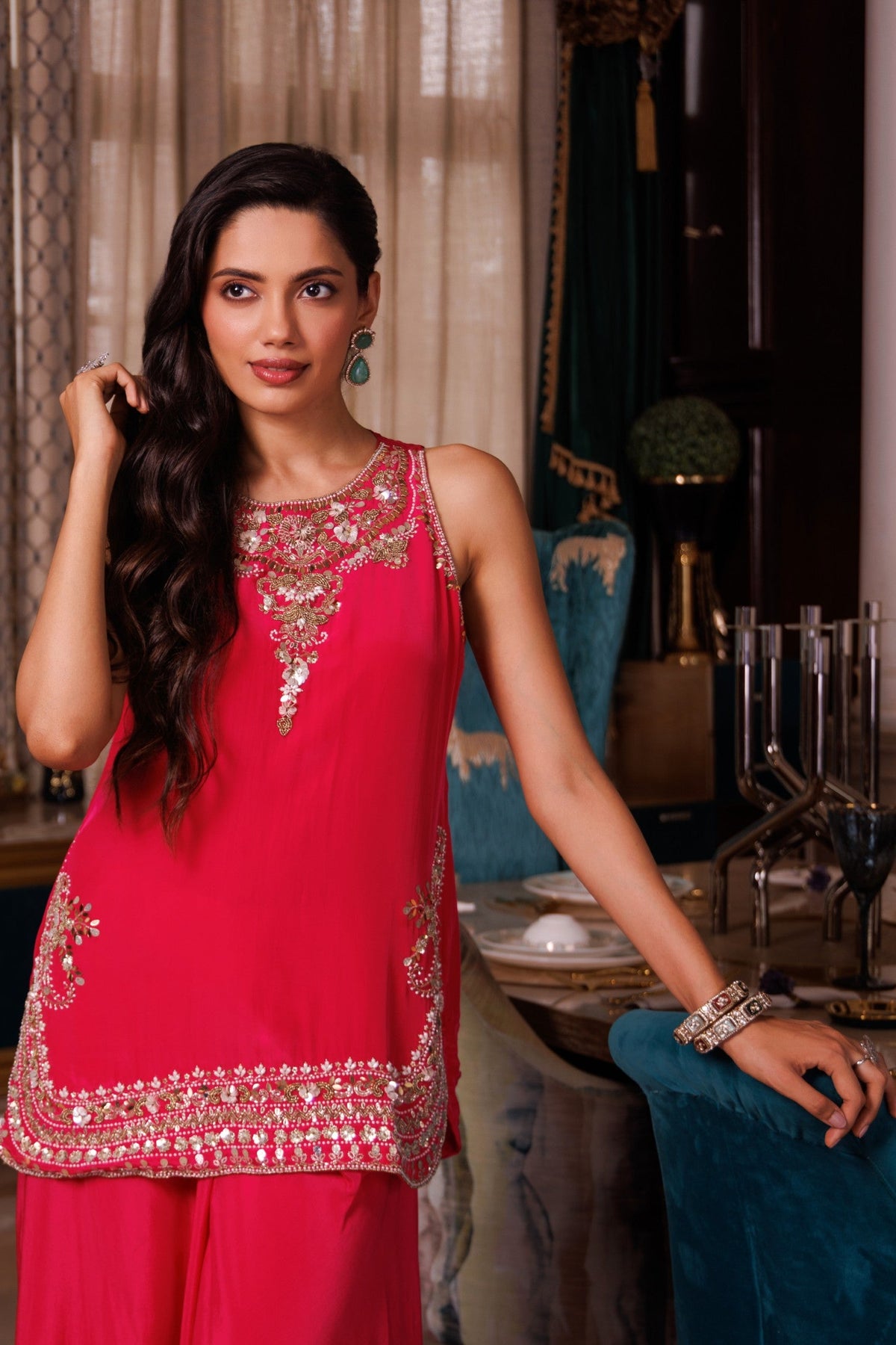 Fuchsia Pink Embellished Crepe Silk Palazzo Set