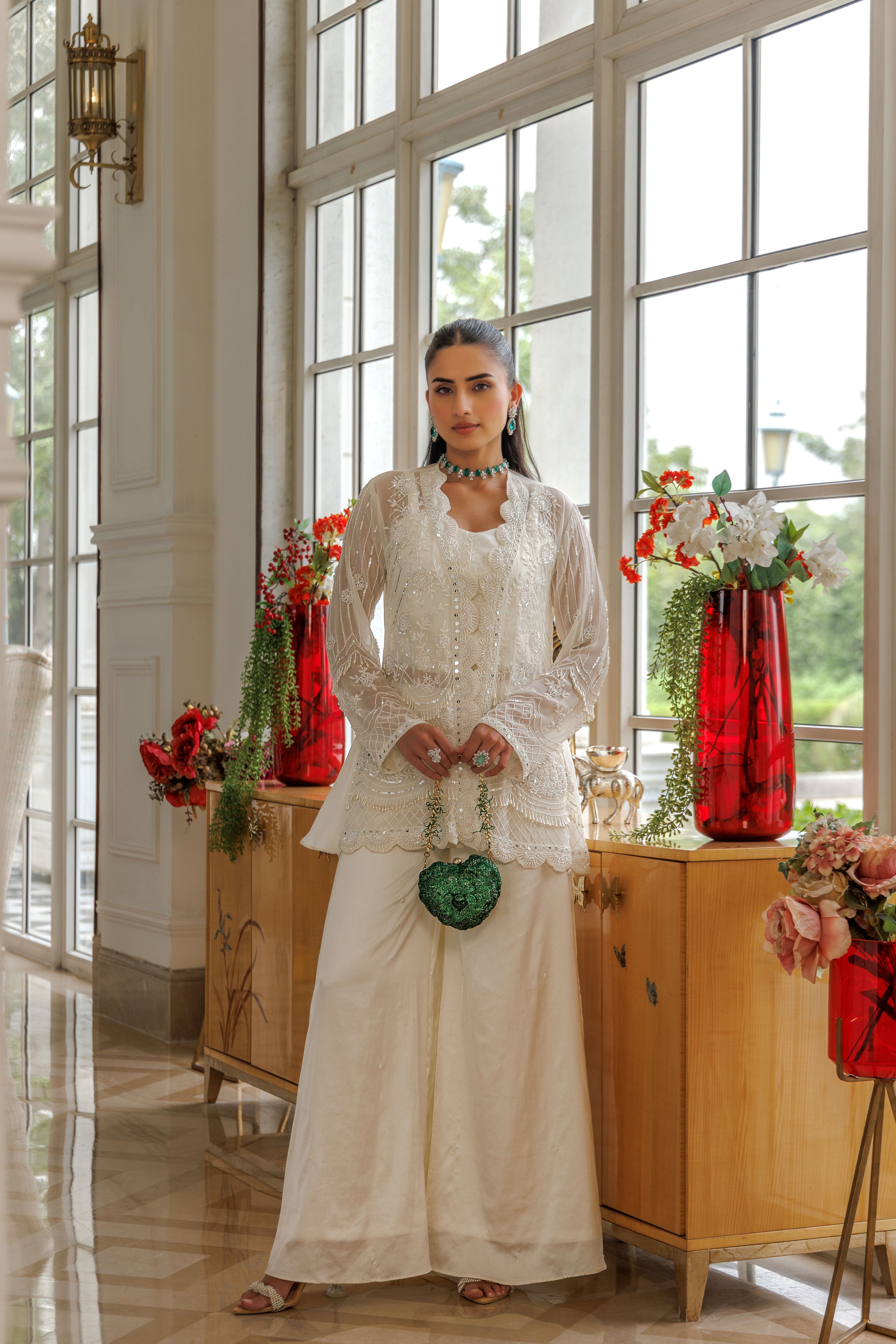 White Pearl Embellished Organza Silk Palazzo Set