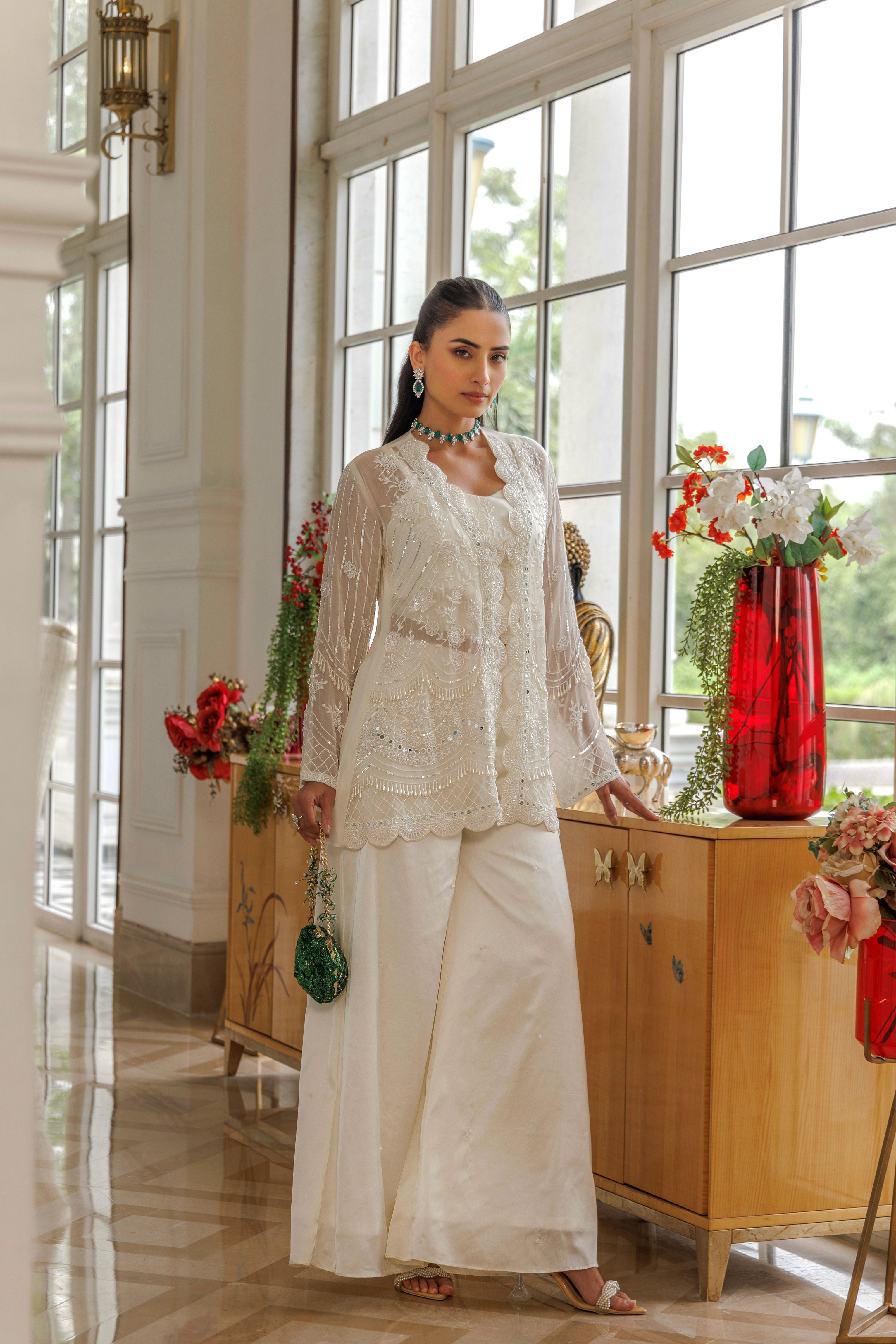White Pearl Embellished Organza Silk Palazzo Set