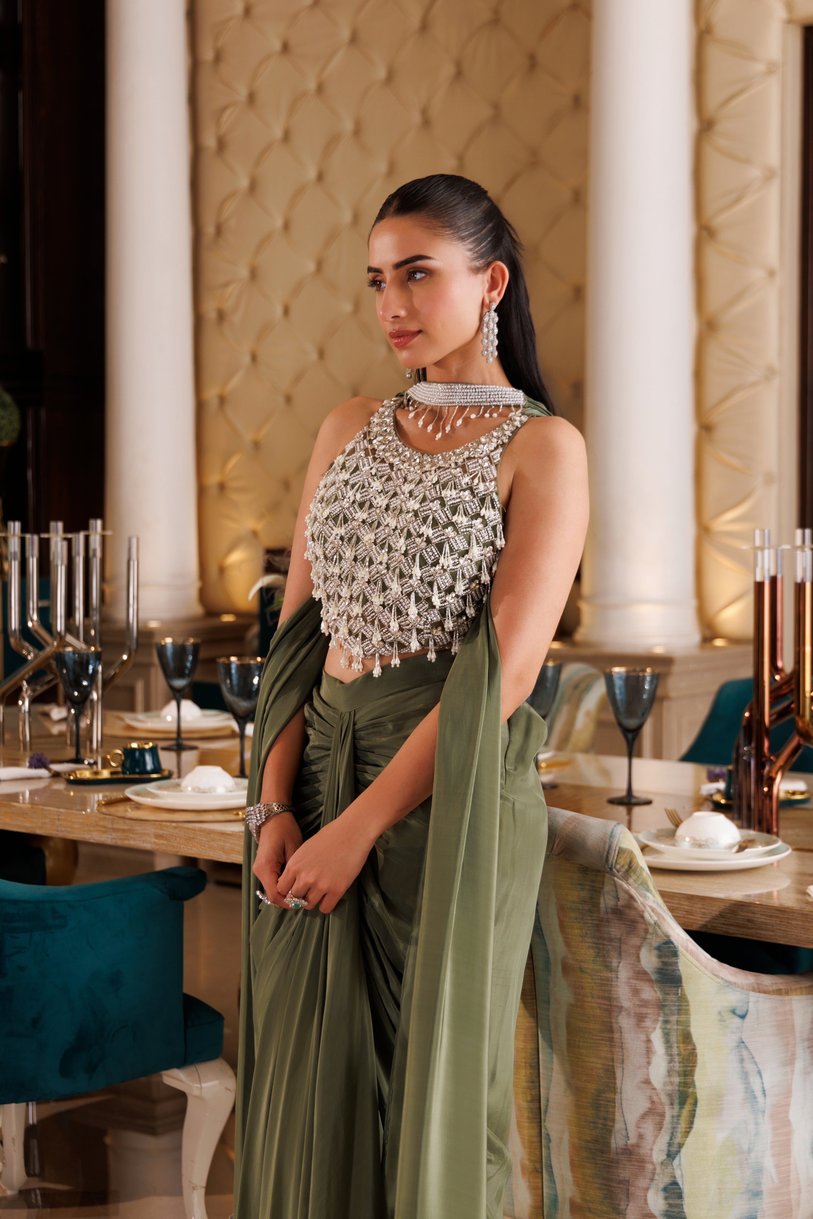 Sage Muse Embellished Crepe Silk Skirt Set