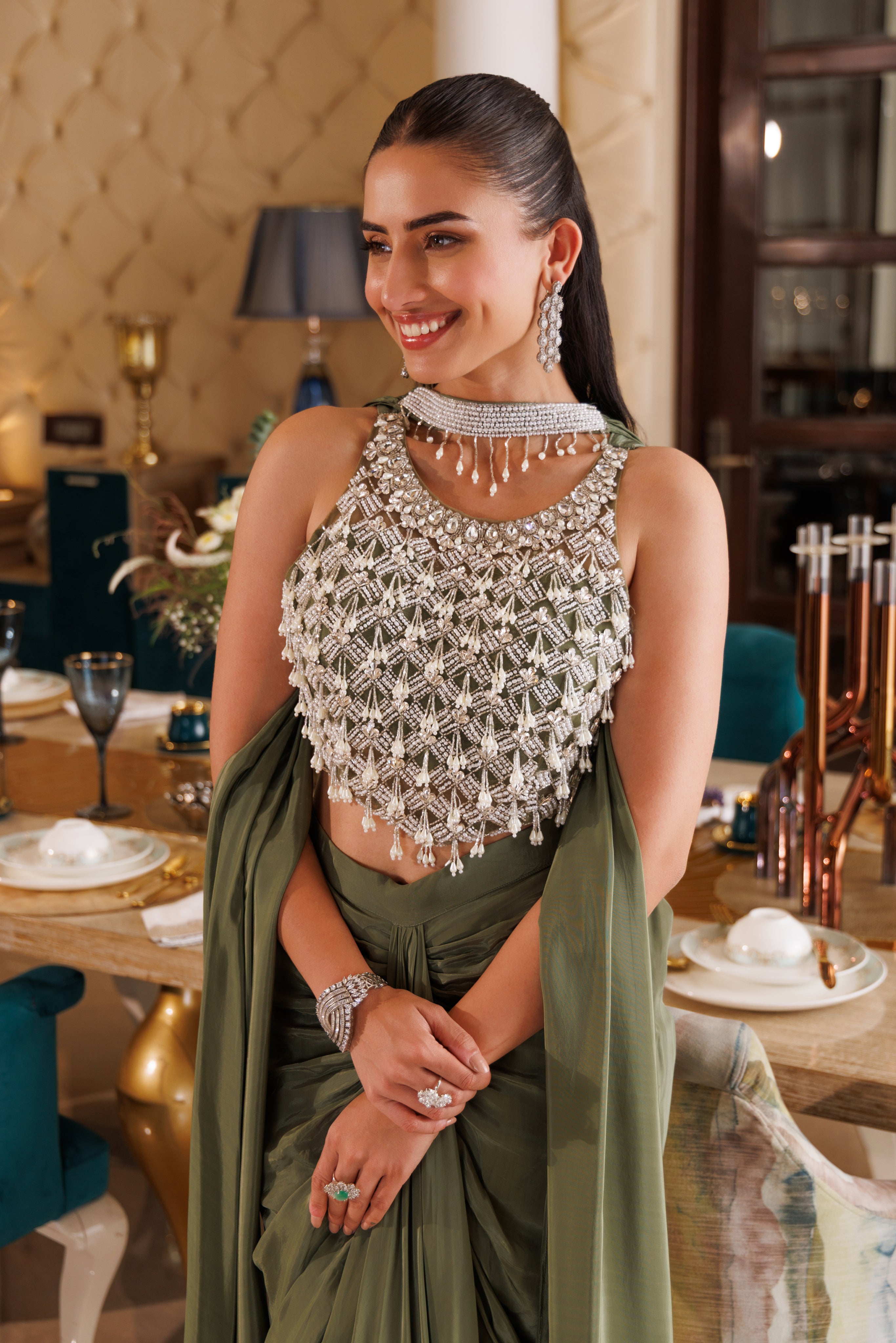 Sage Muse Embellished Crepe Silk Skirt Set