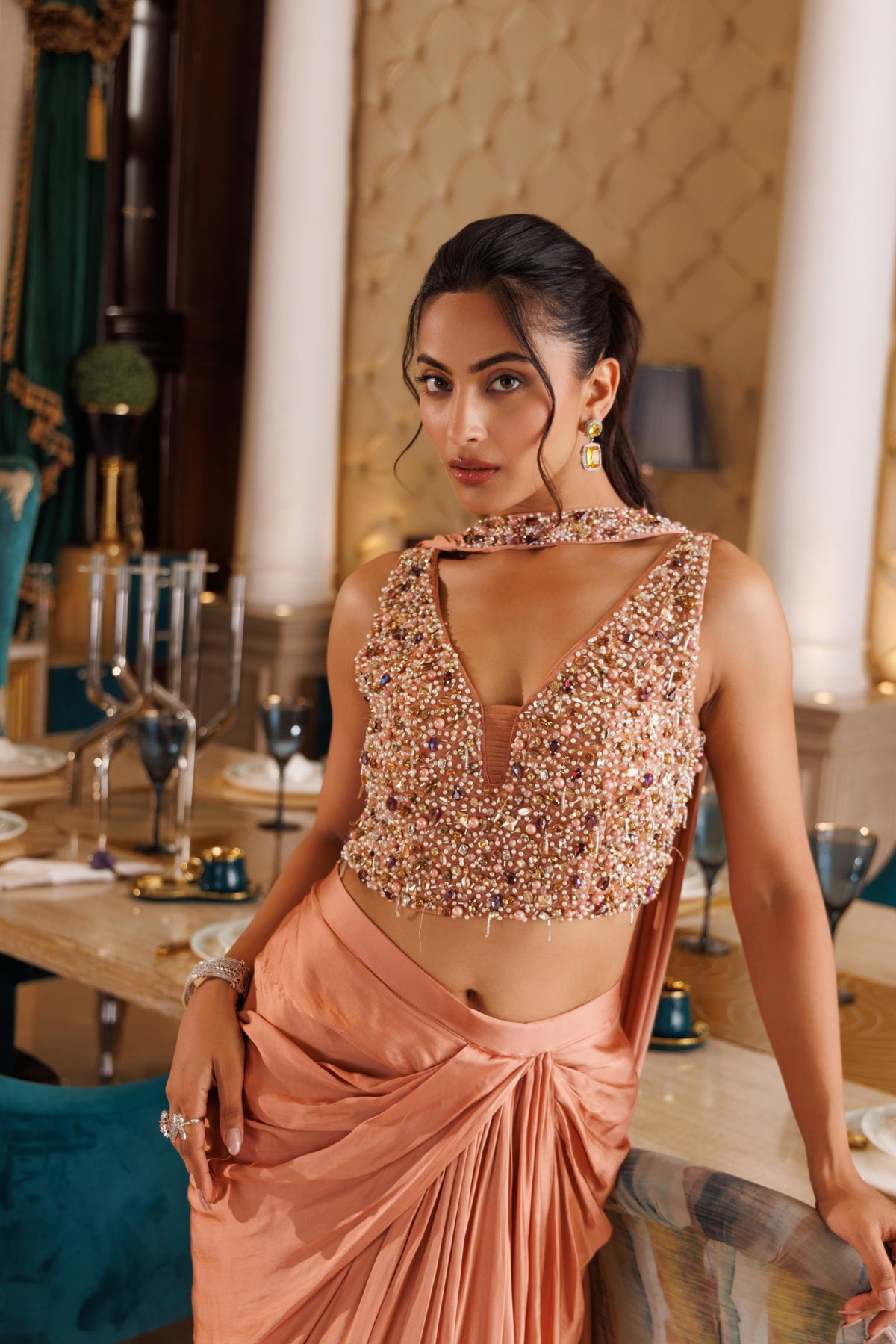 Soft Peach Embellished Crepe Satin Silk Skirt Set