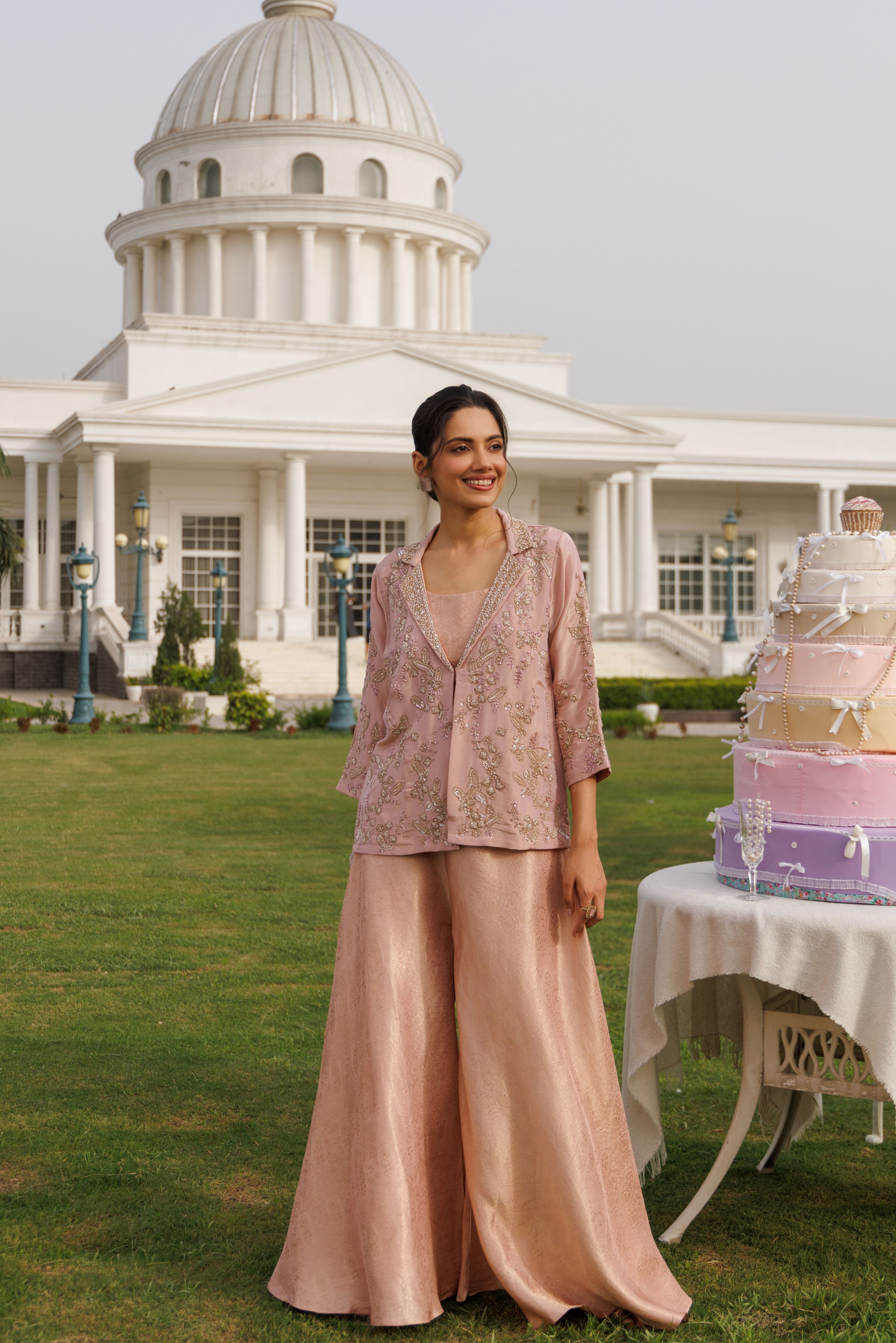 Blush Haze Embellished Shimmer Tissue Silk Palazzo Set