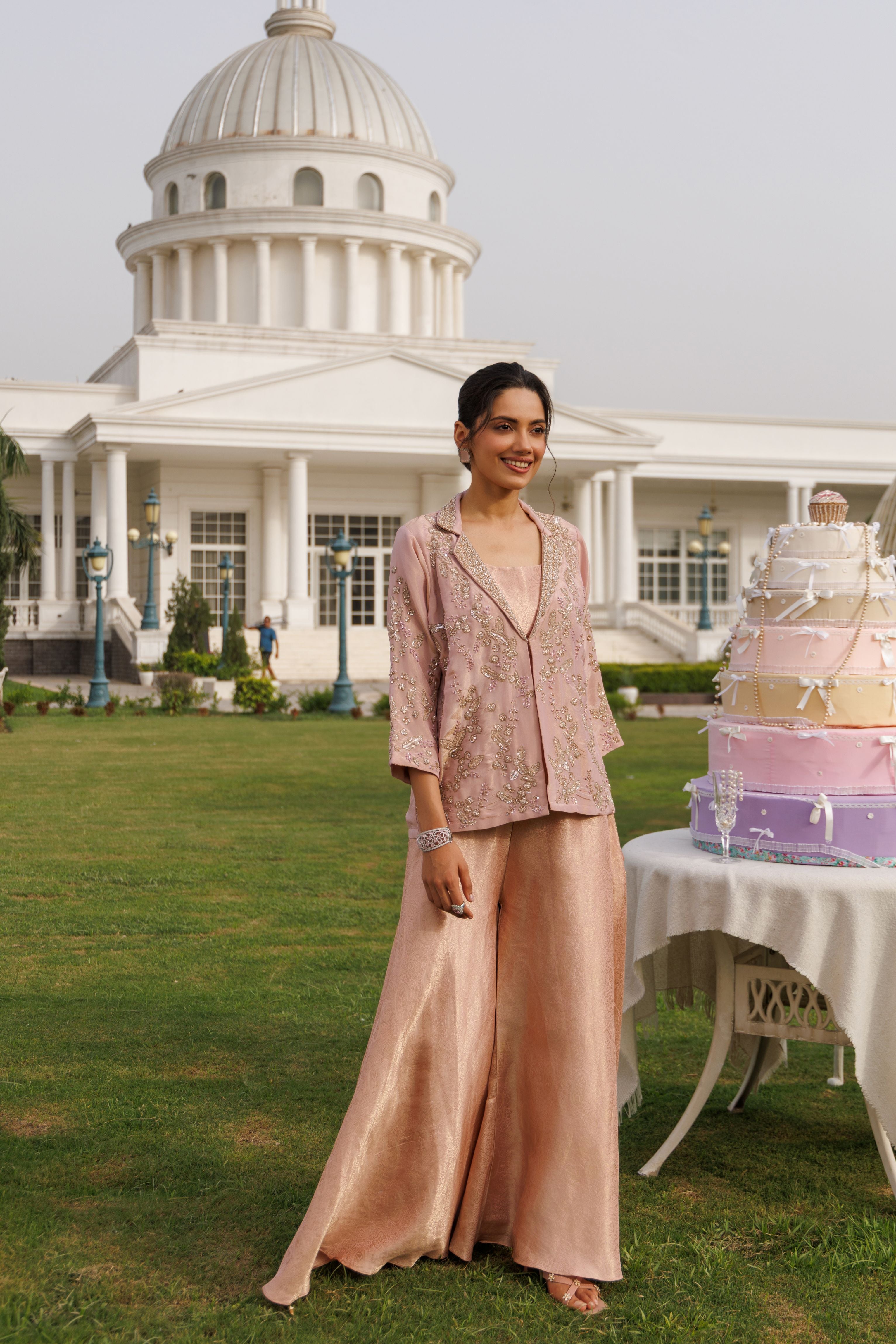Blush Haze Embellished Shimmer Tissue Silk Palazzo Set