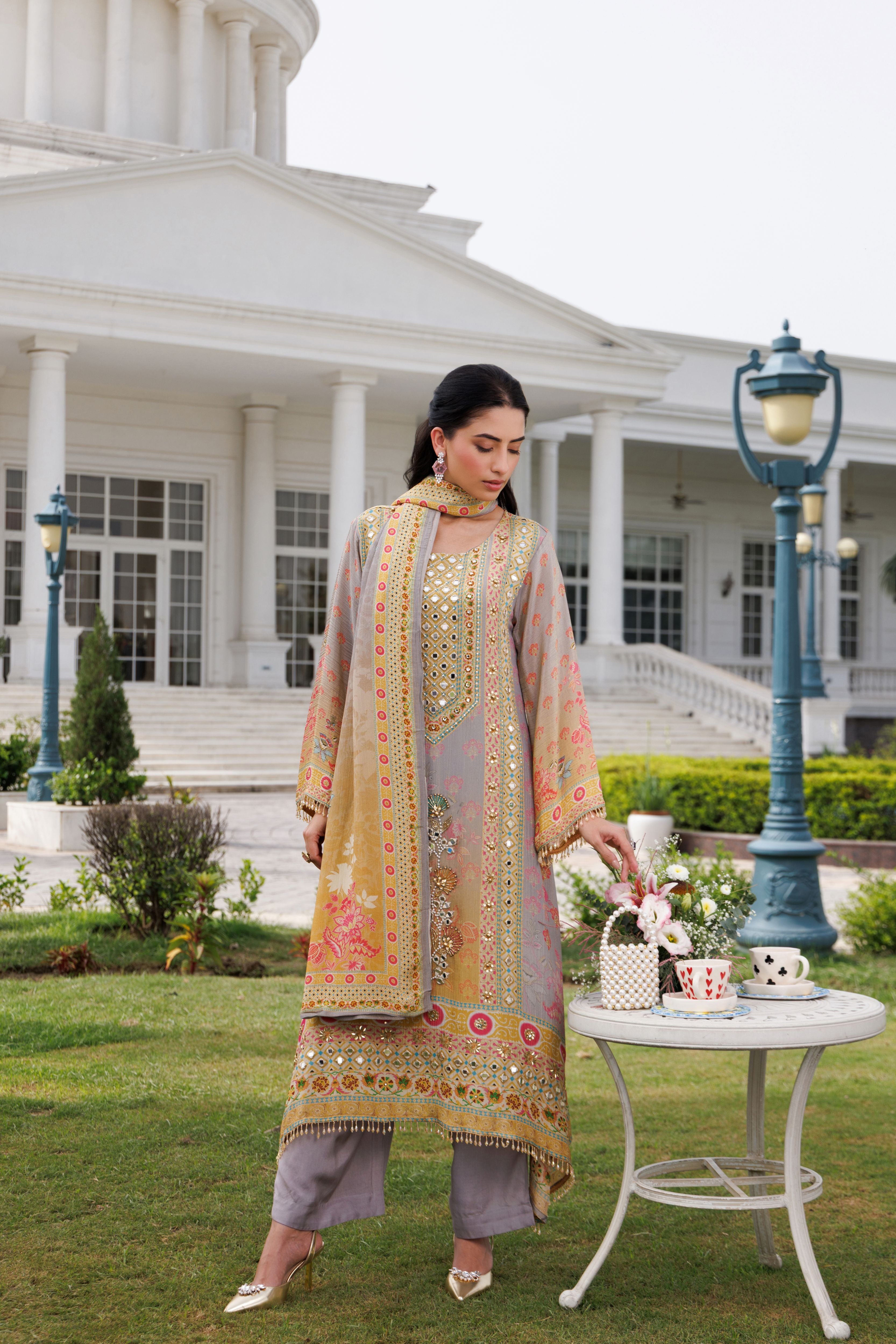 Golden Yellow Embellished Shimmer Silk Pant Set
