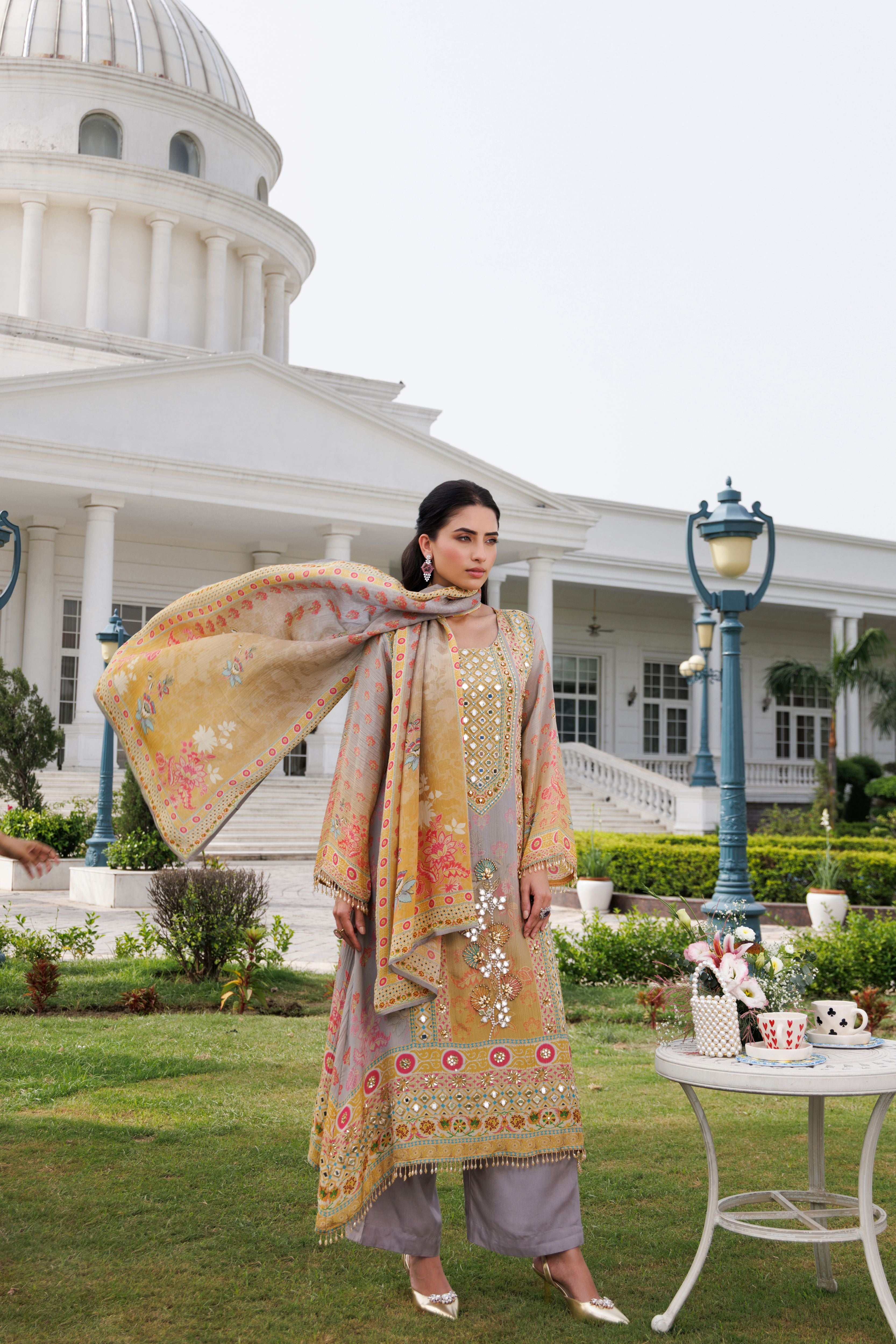 Golden Yellow Embellished Shimmer Silk Pant Set