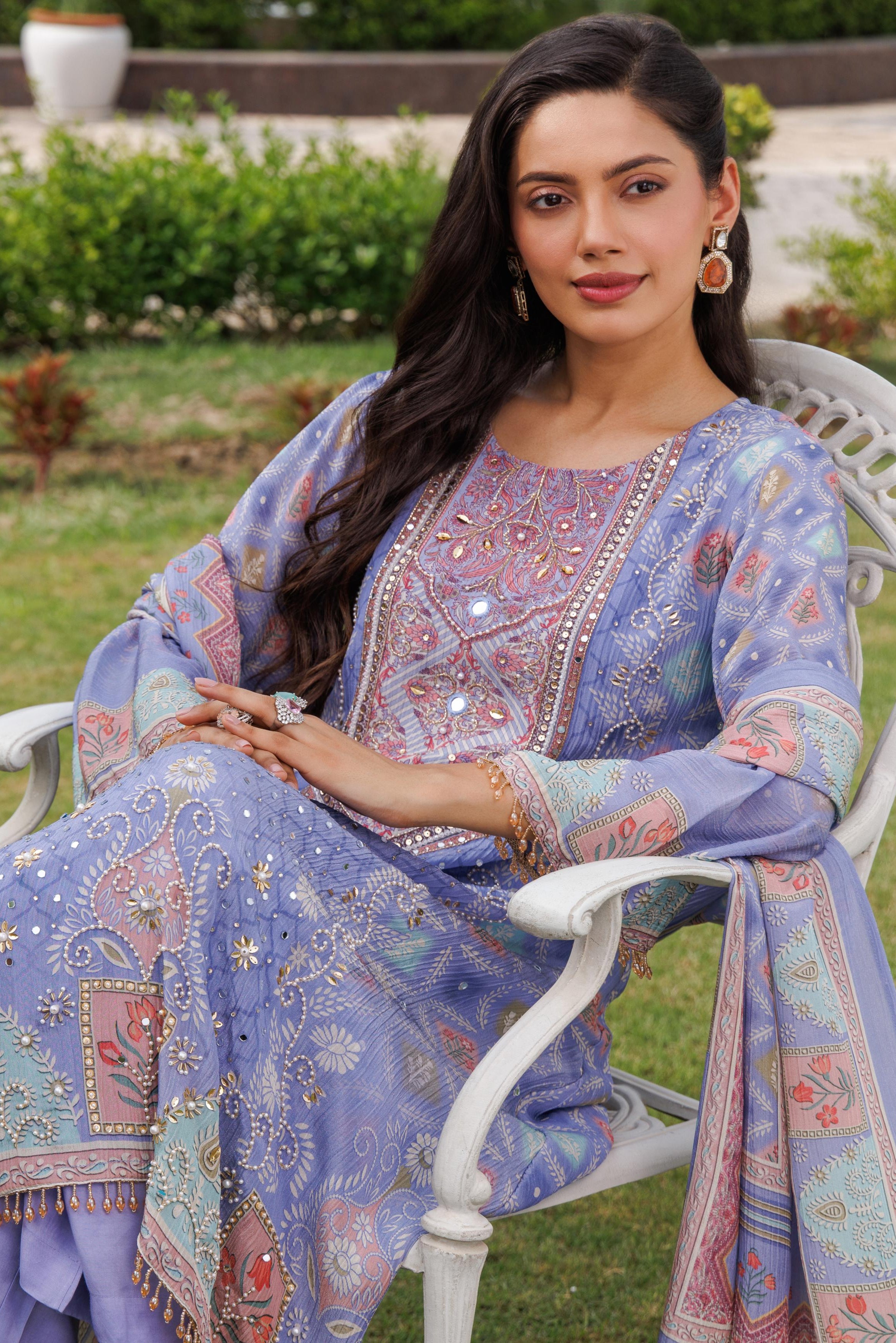 Lavender Blue Embellished Shimmer Silk Palazzo Set