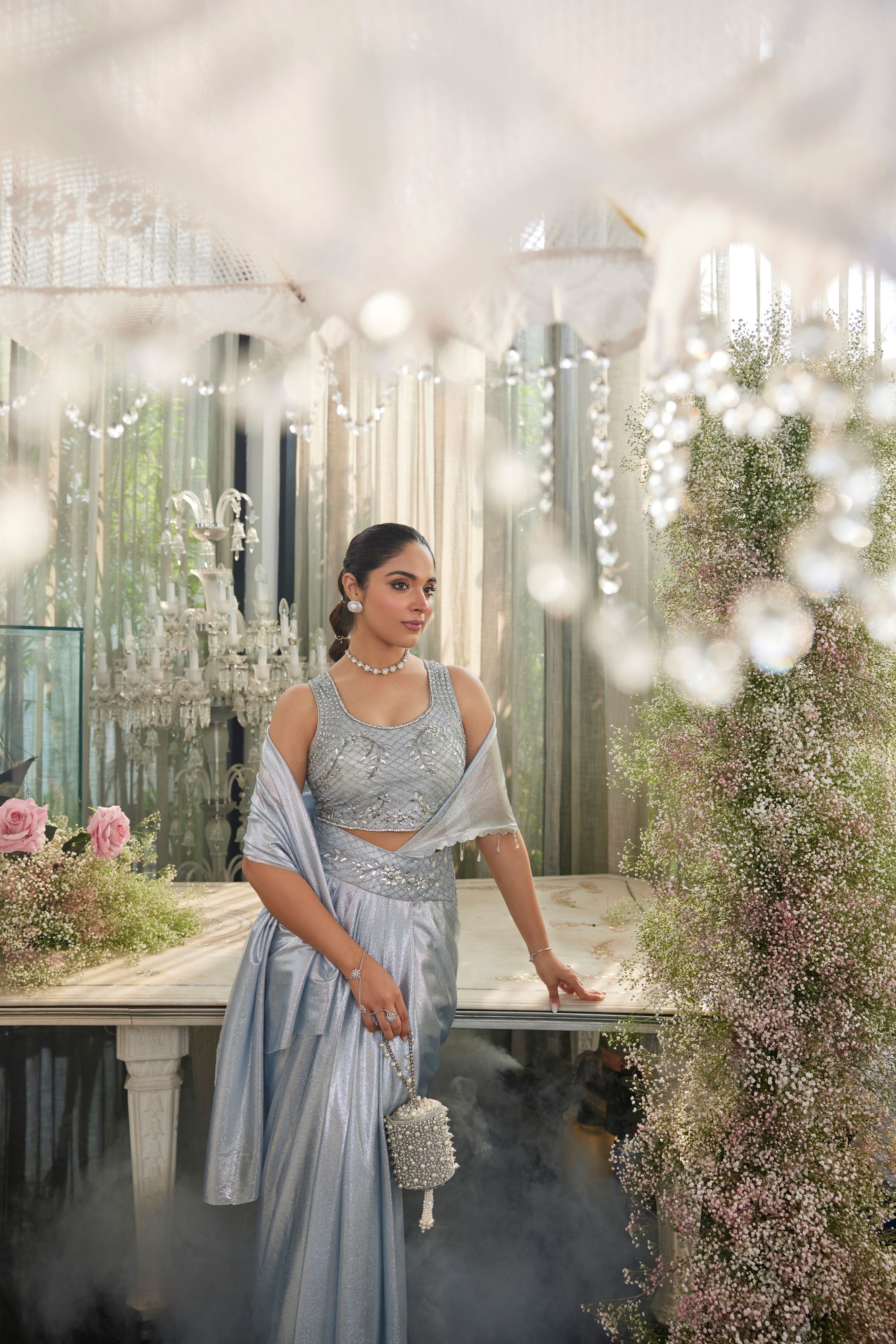 Ice Blue Embellished Shimmer Lycra Silk Skirt Set