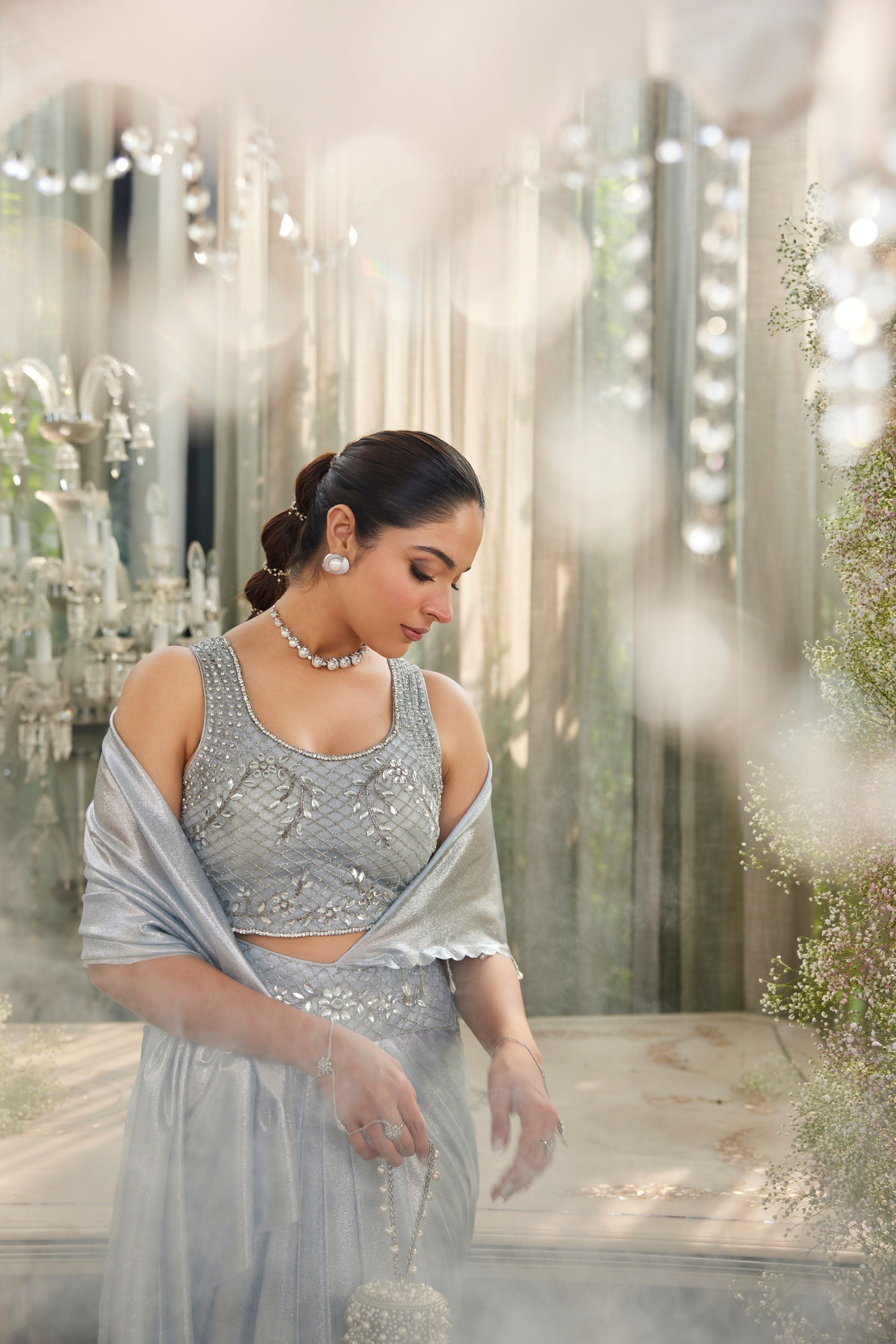 Ice Blue Embellished Shimmer Lycra Silk Skirt Set