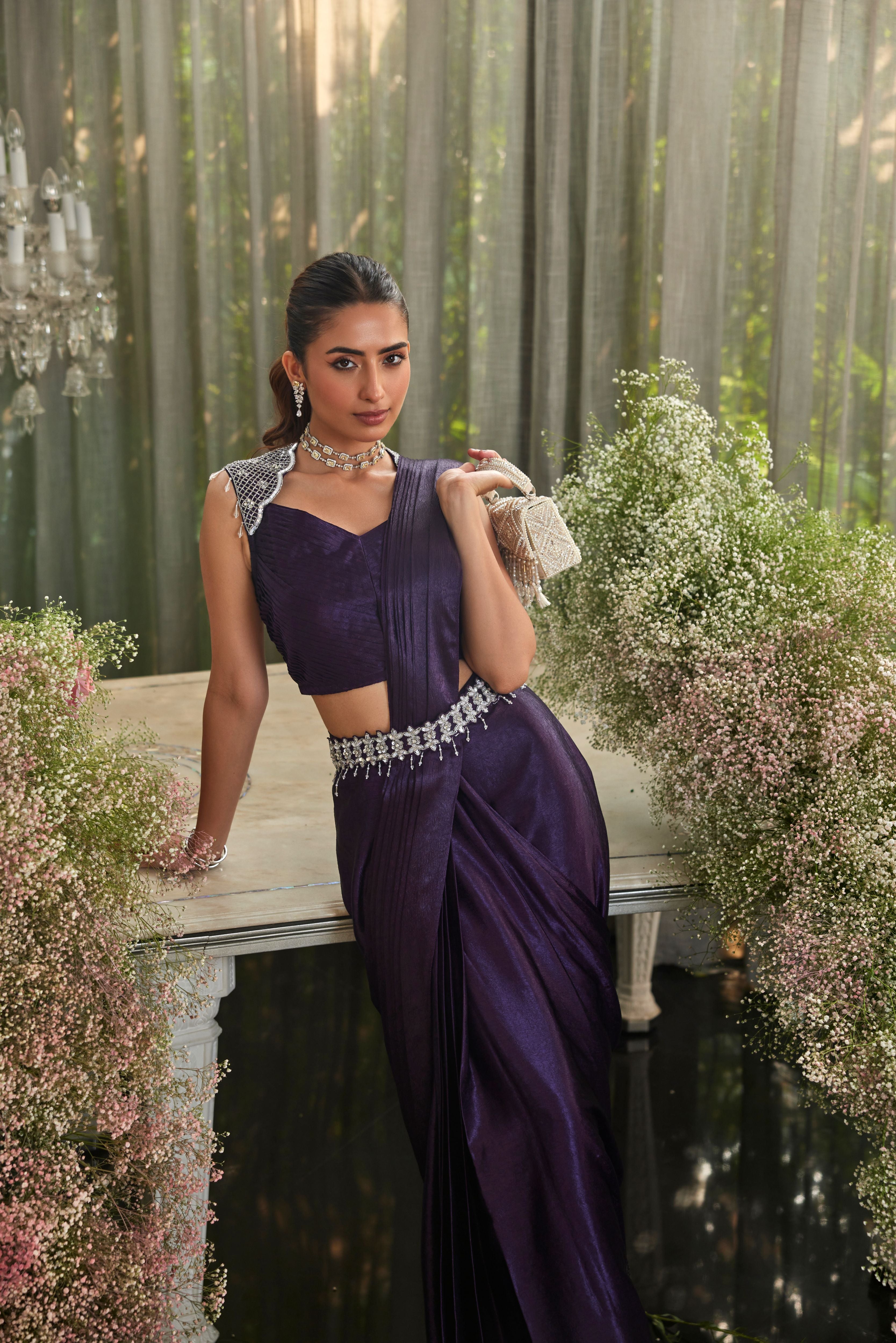 Purple Crushed Satin Draped Saree