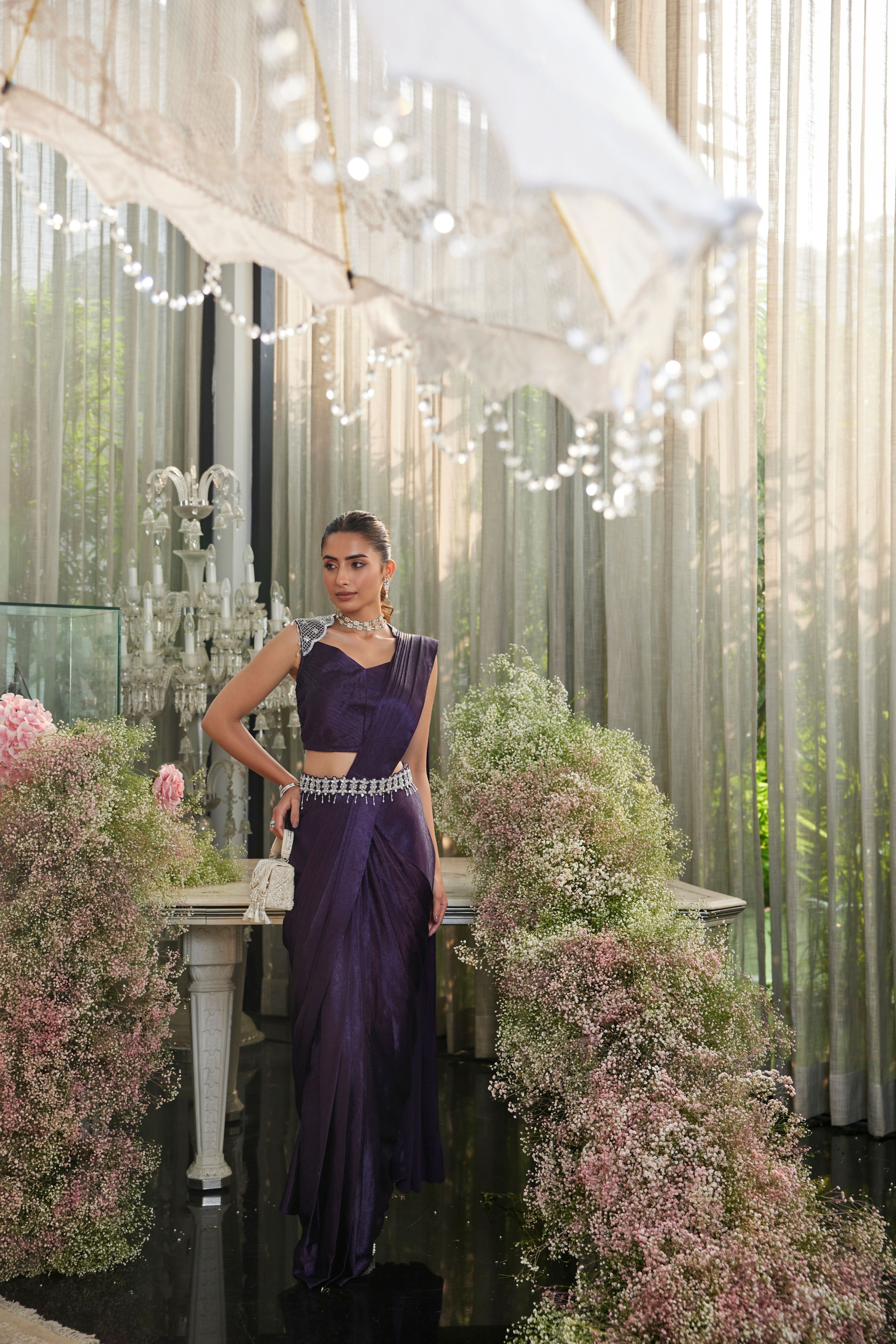 Purple Crushed Satin Draped Saree