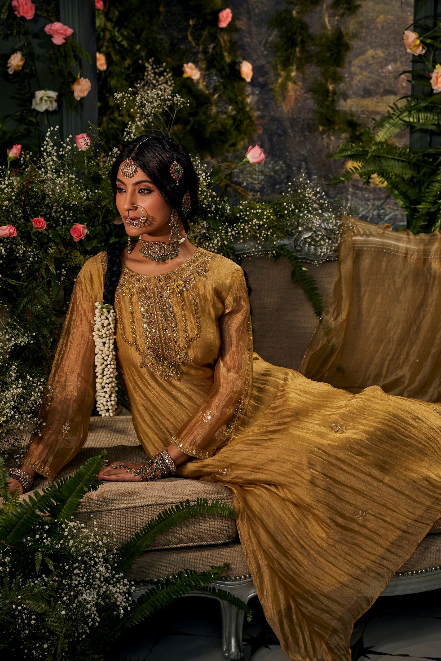 Golden Yellow Embellished Shimmer Tissue Palazzo Set