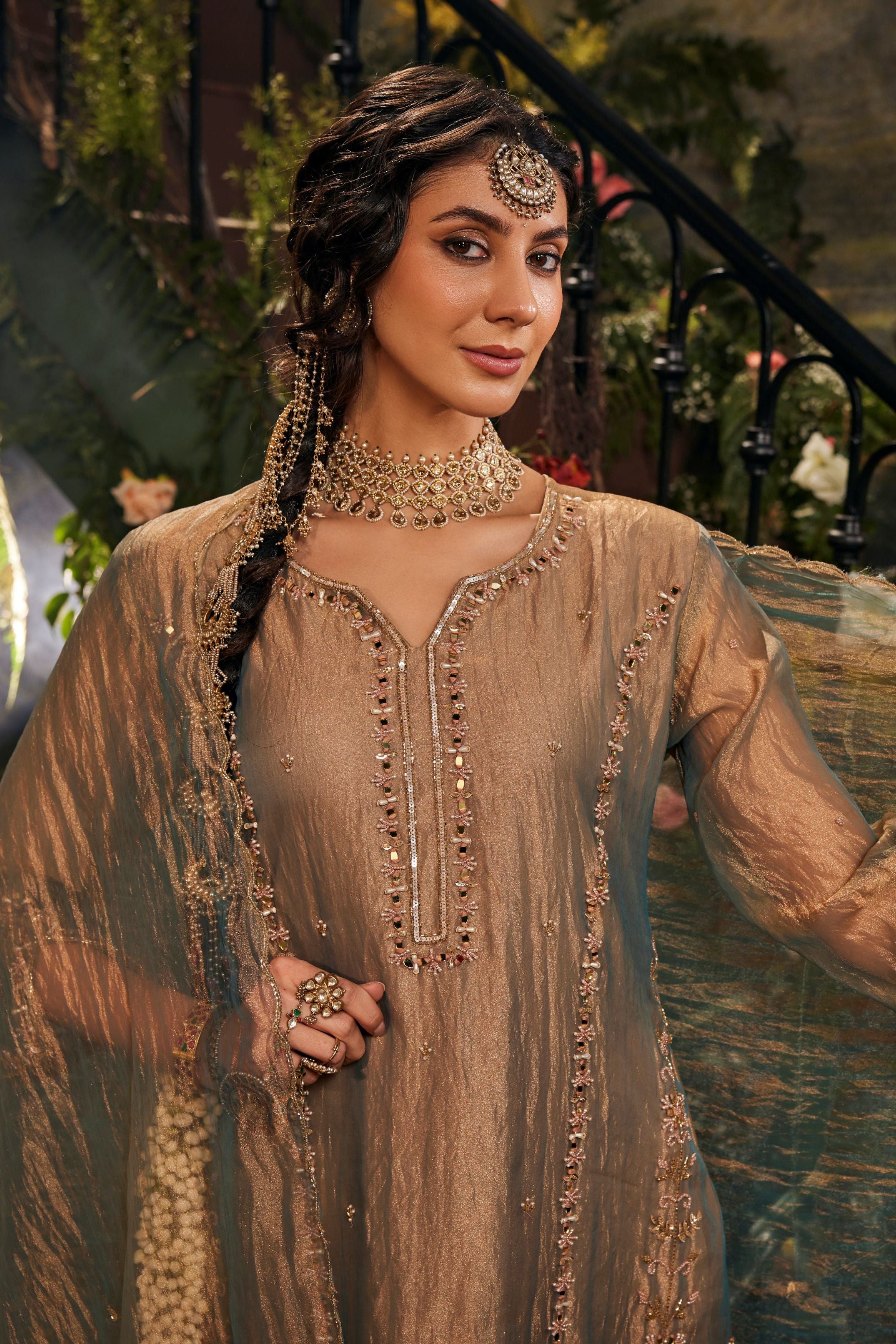 Slate Grey Dual Tone Embellished Organza Silk Pant Set