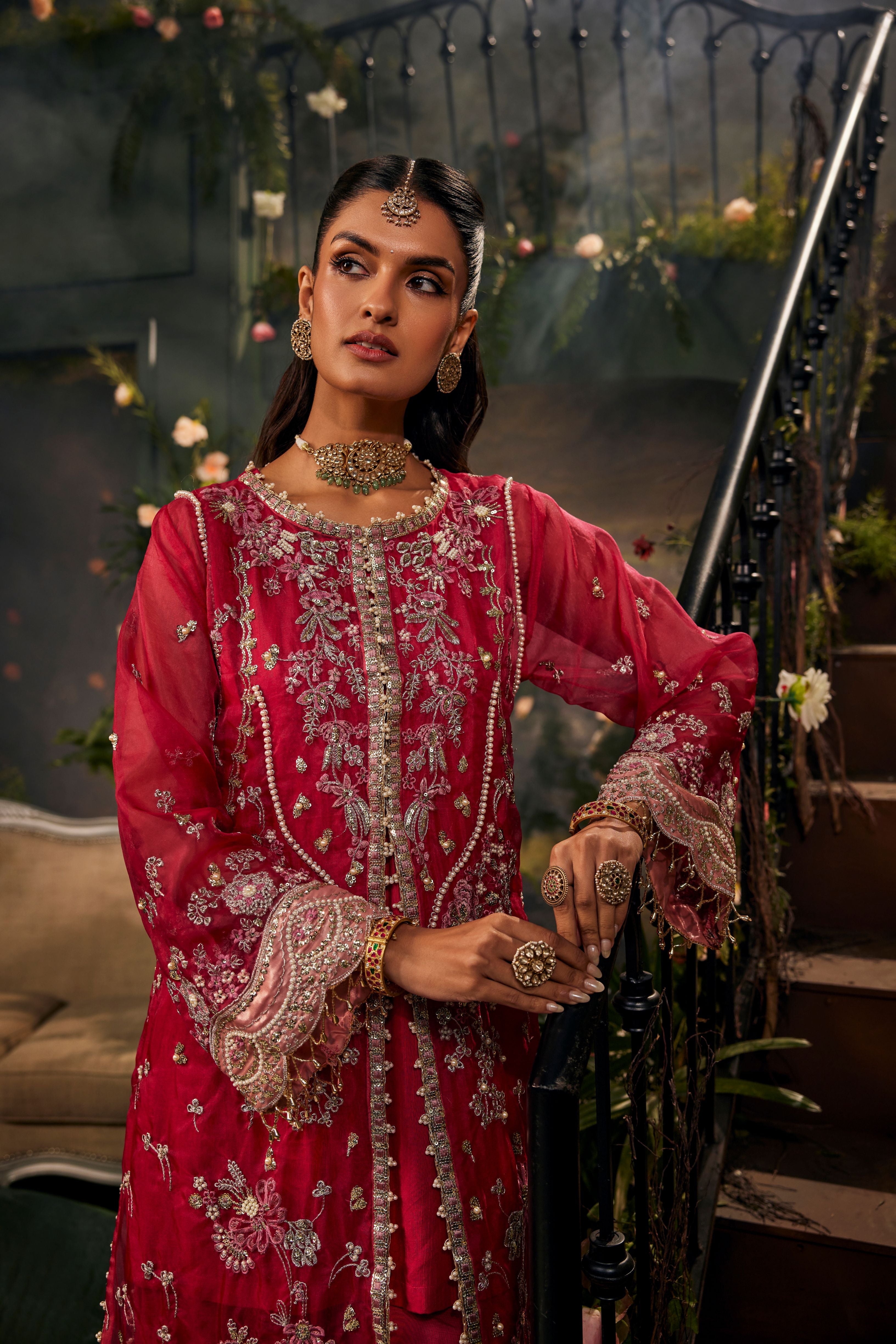 Rani Pink Embellished Organza Silk Palazzo Set