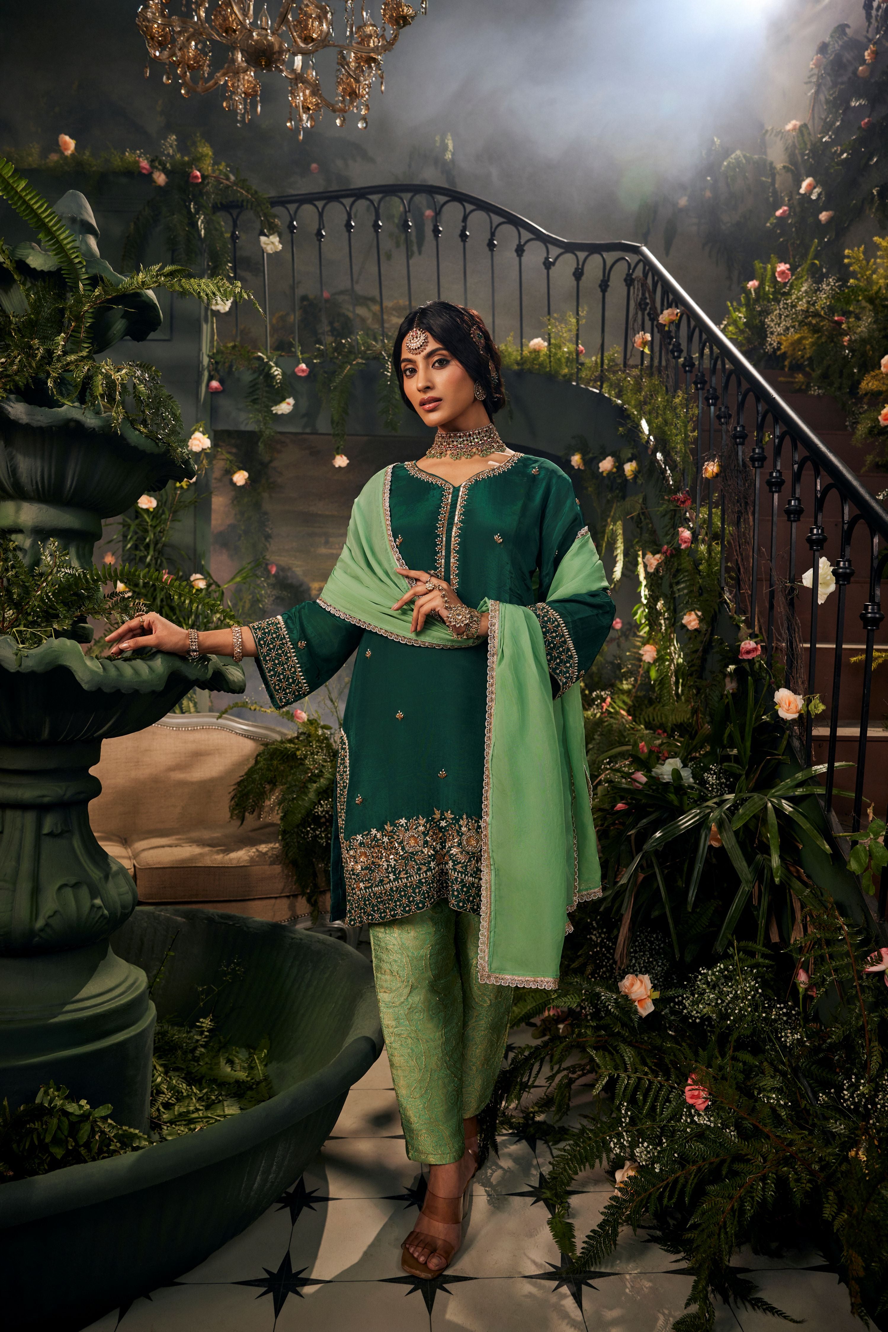 Bottle Green Embellished Crepe Silk Pant Set