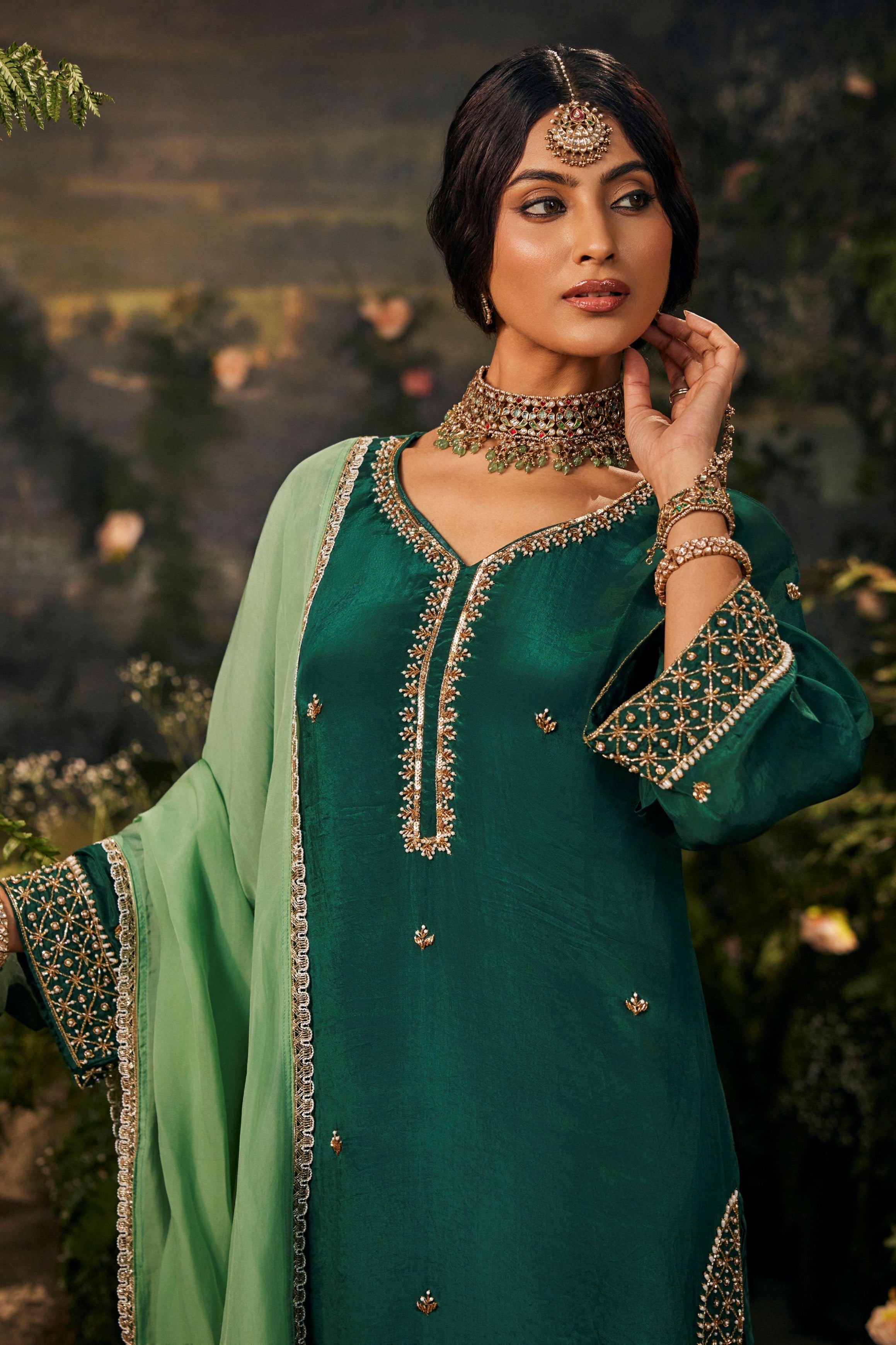 Bottle Green Embellished Crepe Silk Pant Set