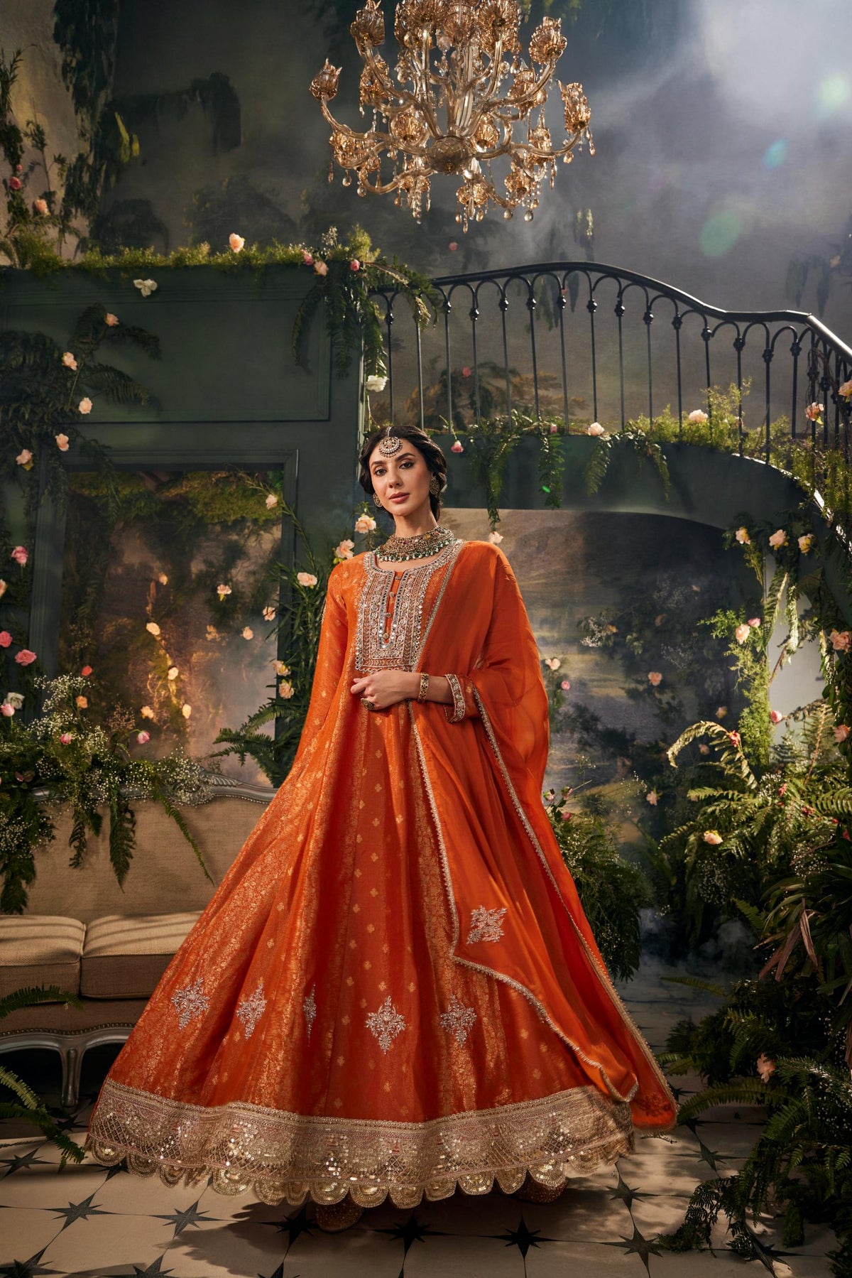 Vibrant Orange Embellished Banarasi Brocade Silk Anarkali Set
