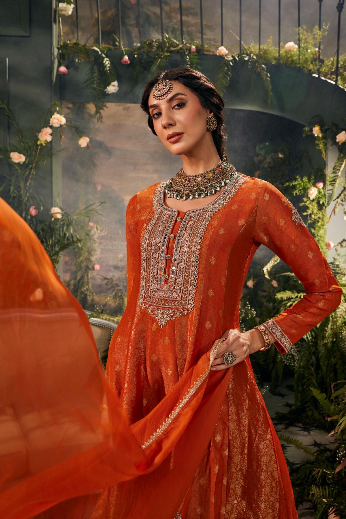 Vibrant Orange Embellished Banarasi Brocade Silk Anarkali Set