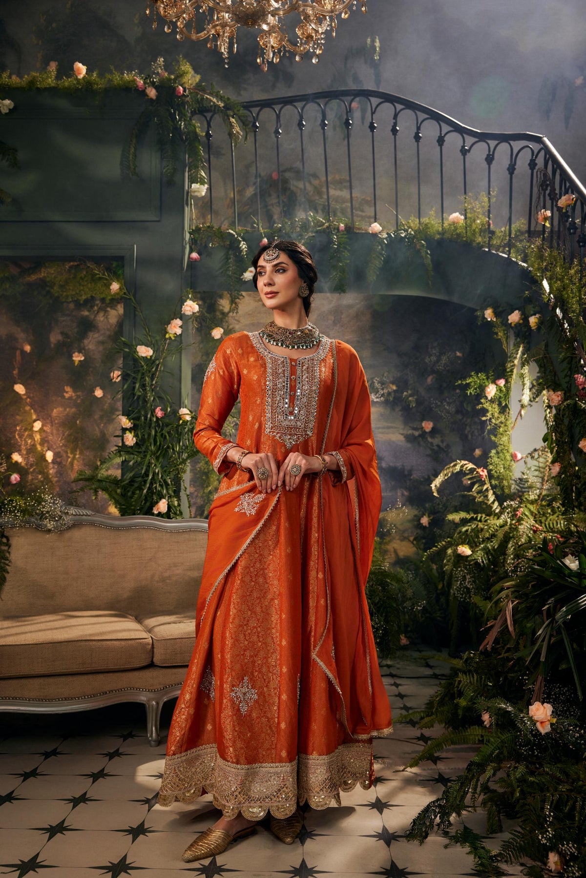 Vibrant Orange Embellished Banarasi Brocade Silk Anarkali Set