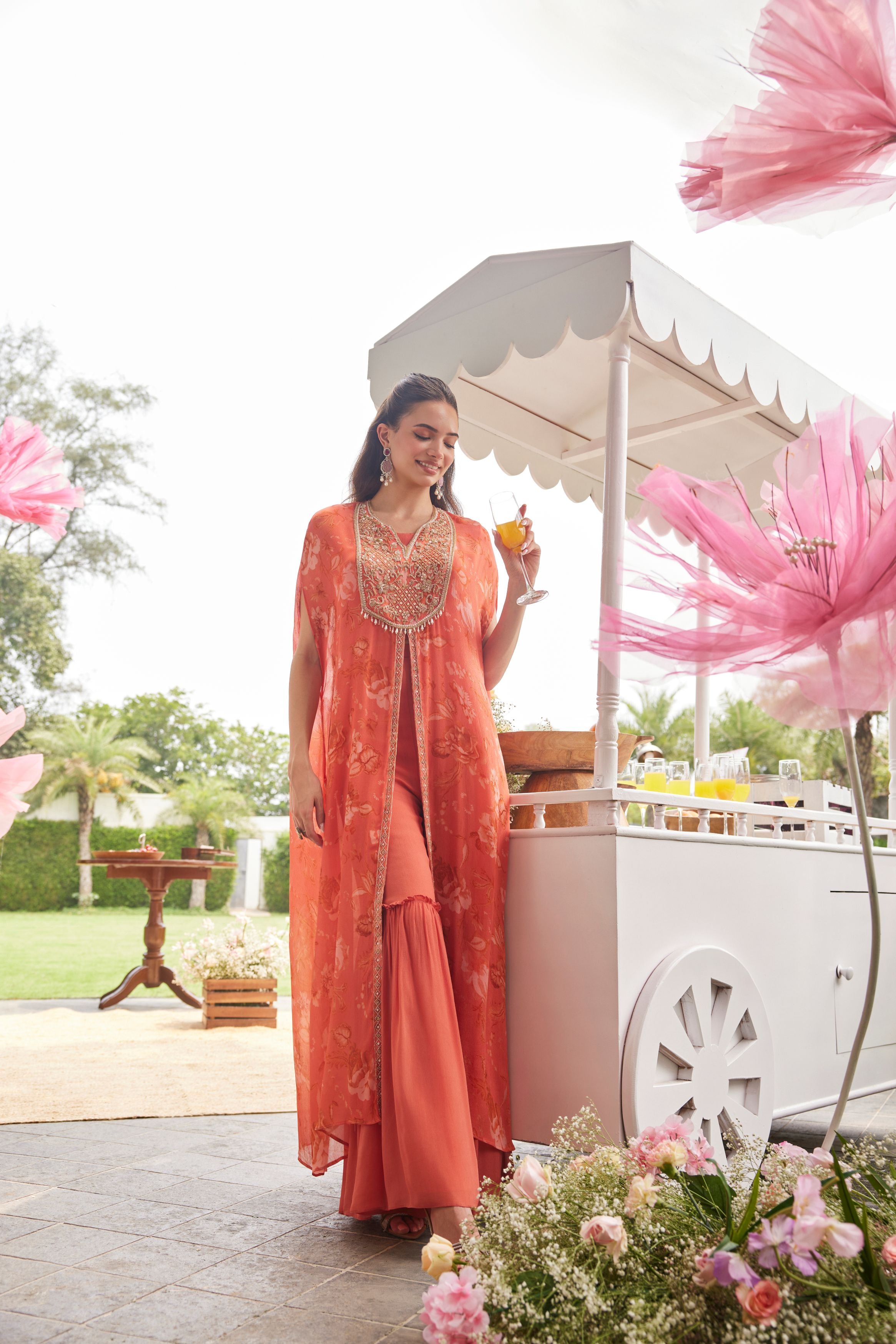 Dark Peach Embellished Chinon Silk Sharara Set