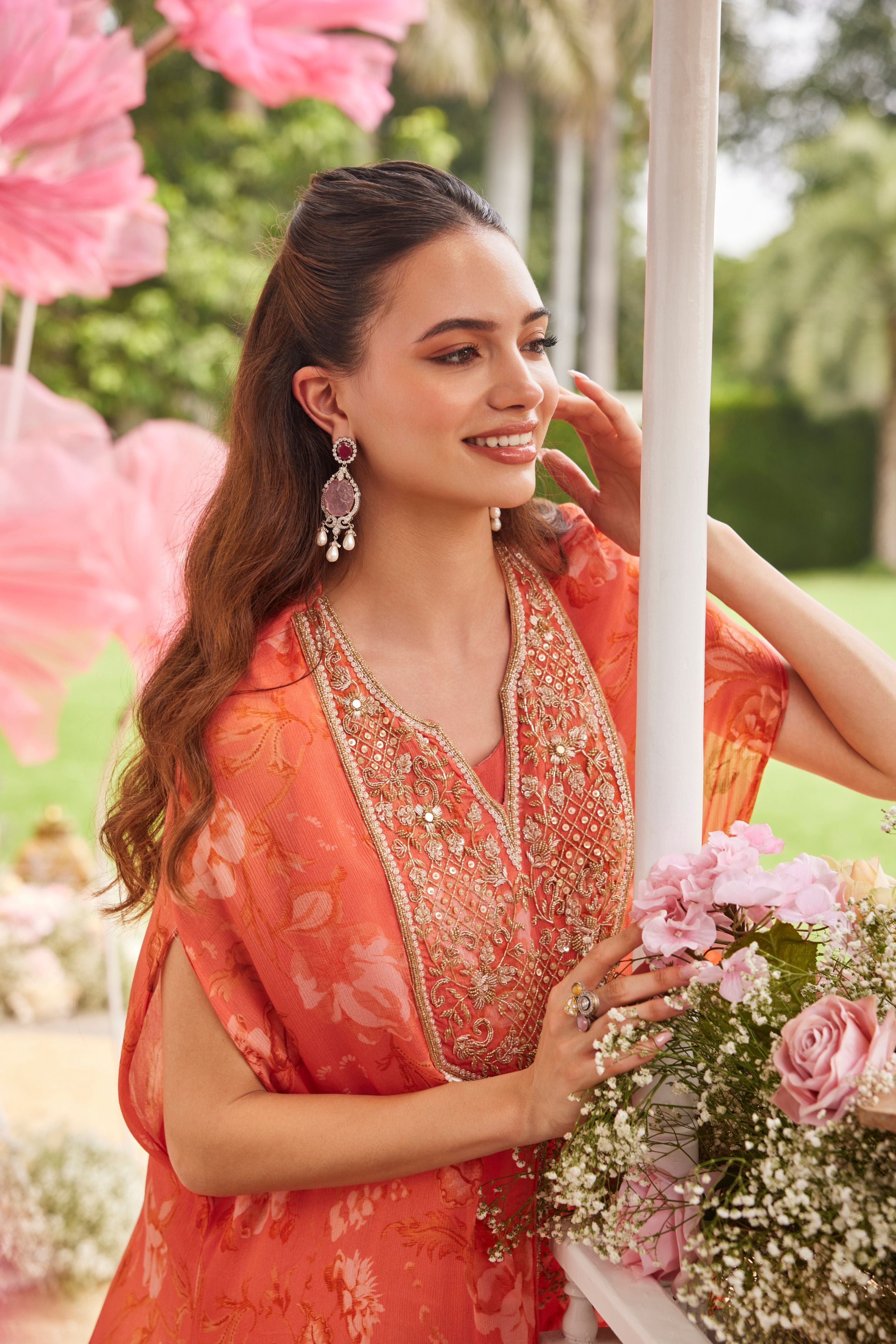 Dark Peach Embellished Chinon Silk Sharara Set
