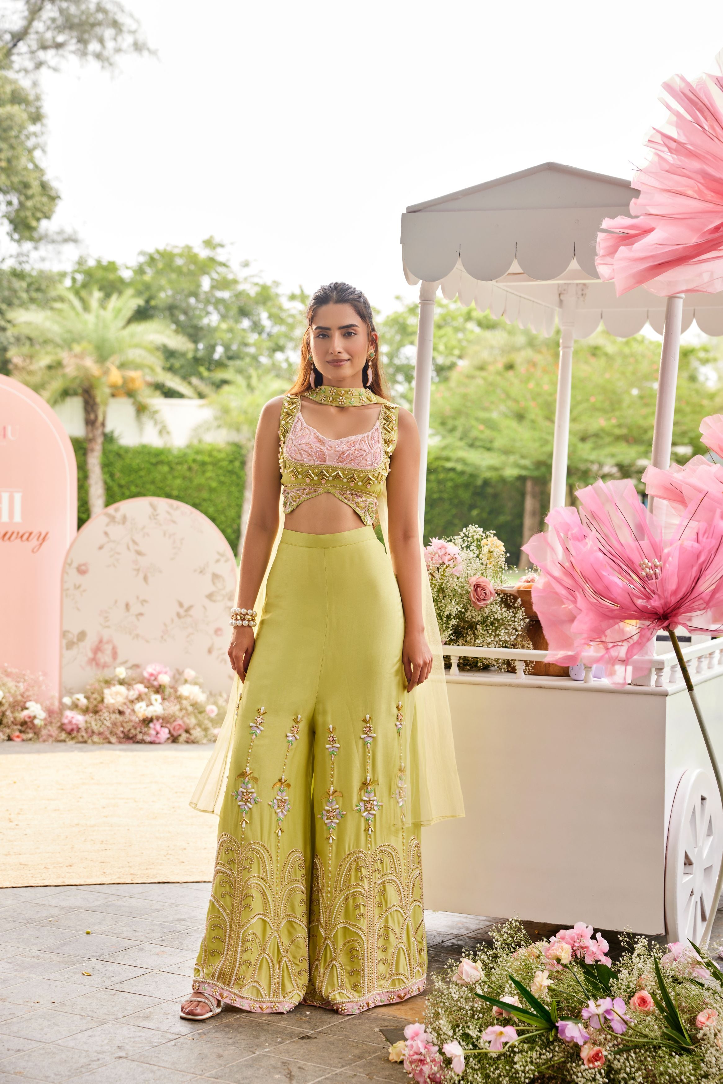 Pastel Green Embellished Dola Silk Palazzo Set