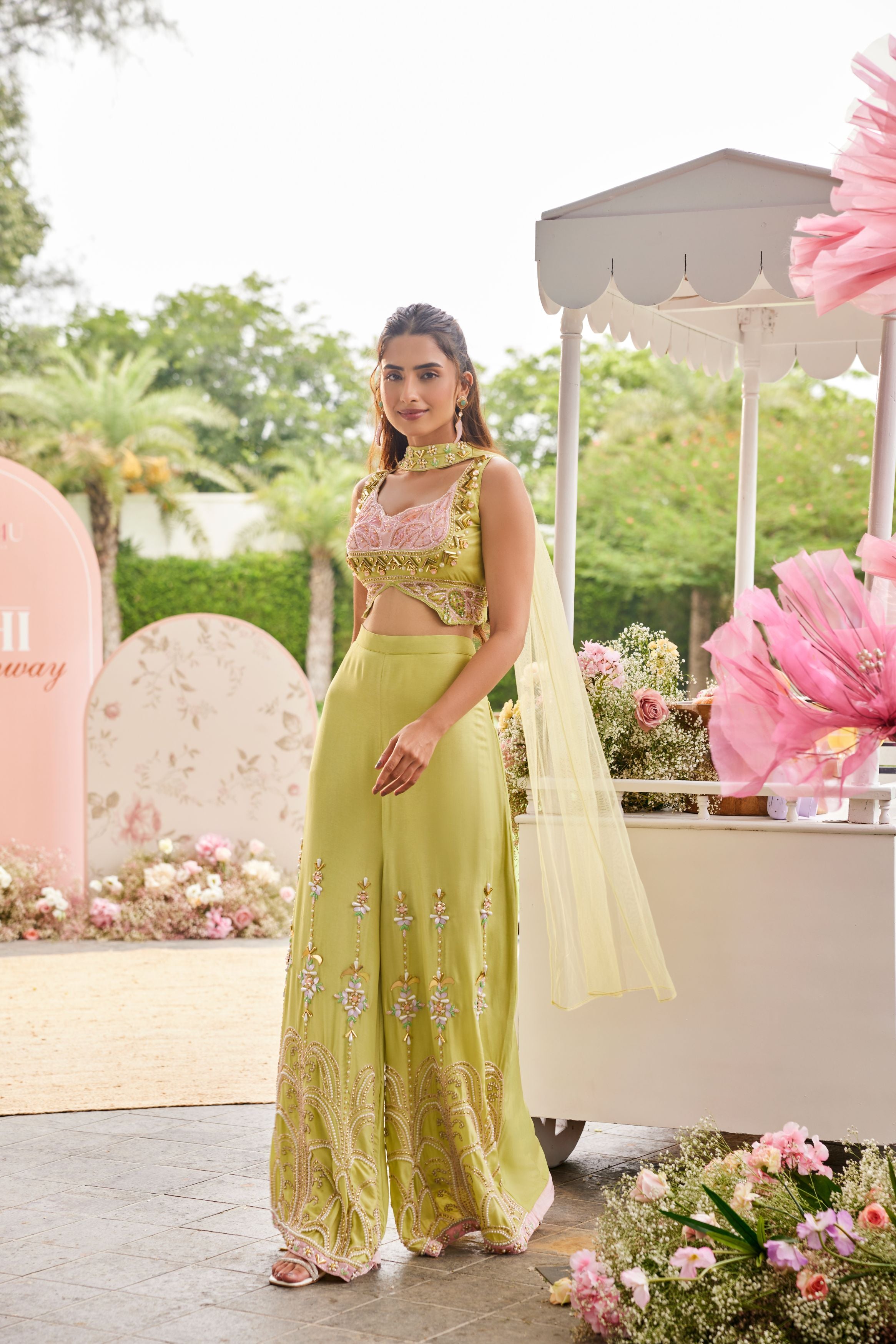 Pastel Green Embellished Dola Silk Palazzo Set