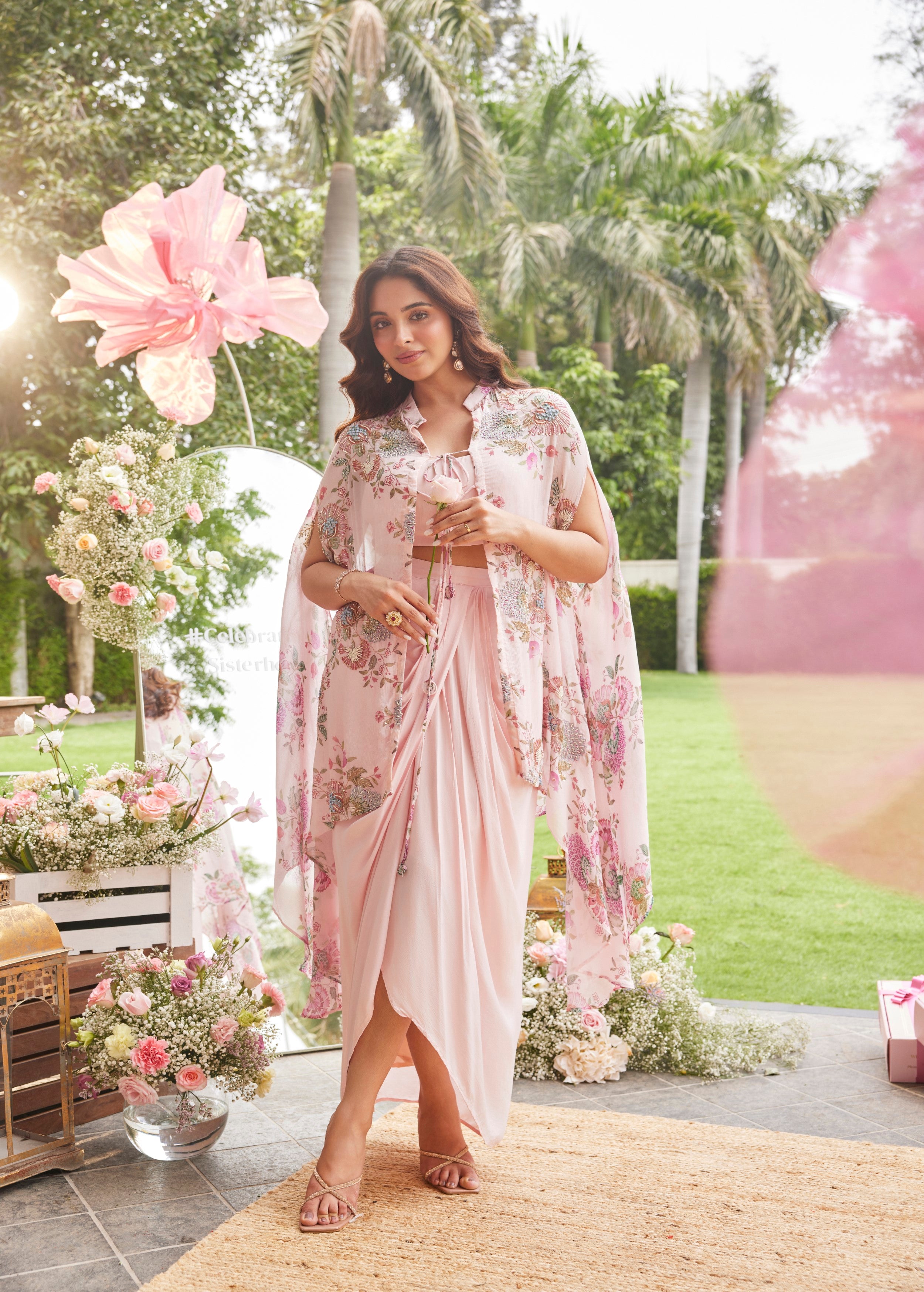 Ballet Pink Embellished Chinon Silk Cape Set