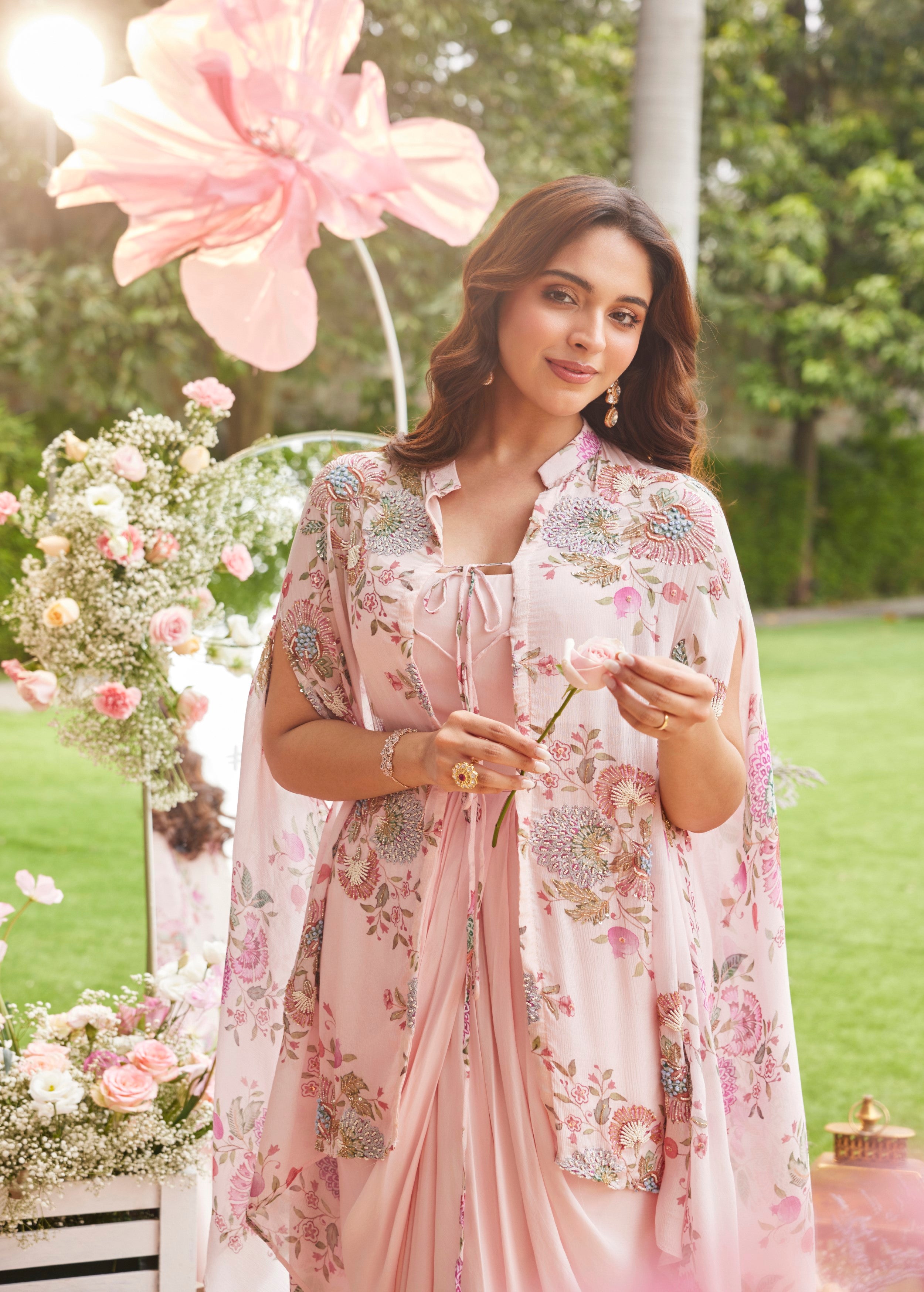 Ballet Pink Embellished Chinon Silk Cape Set