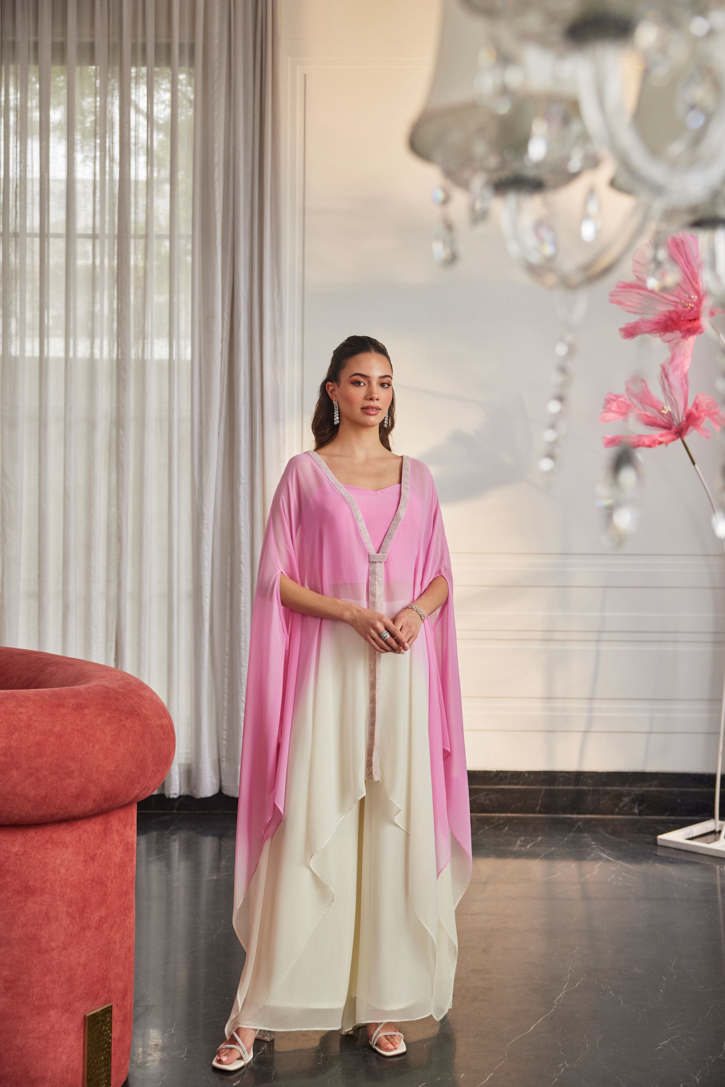 Rose Pink Embellished  Georgette Silk Palazzo Set