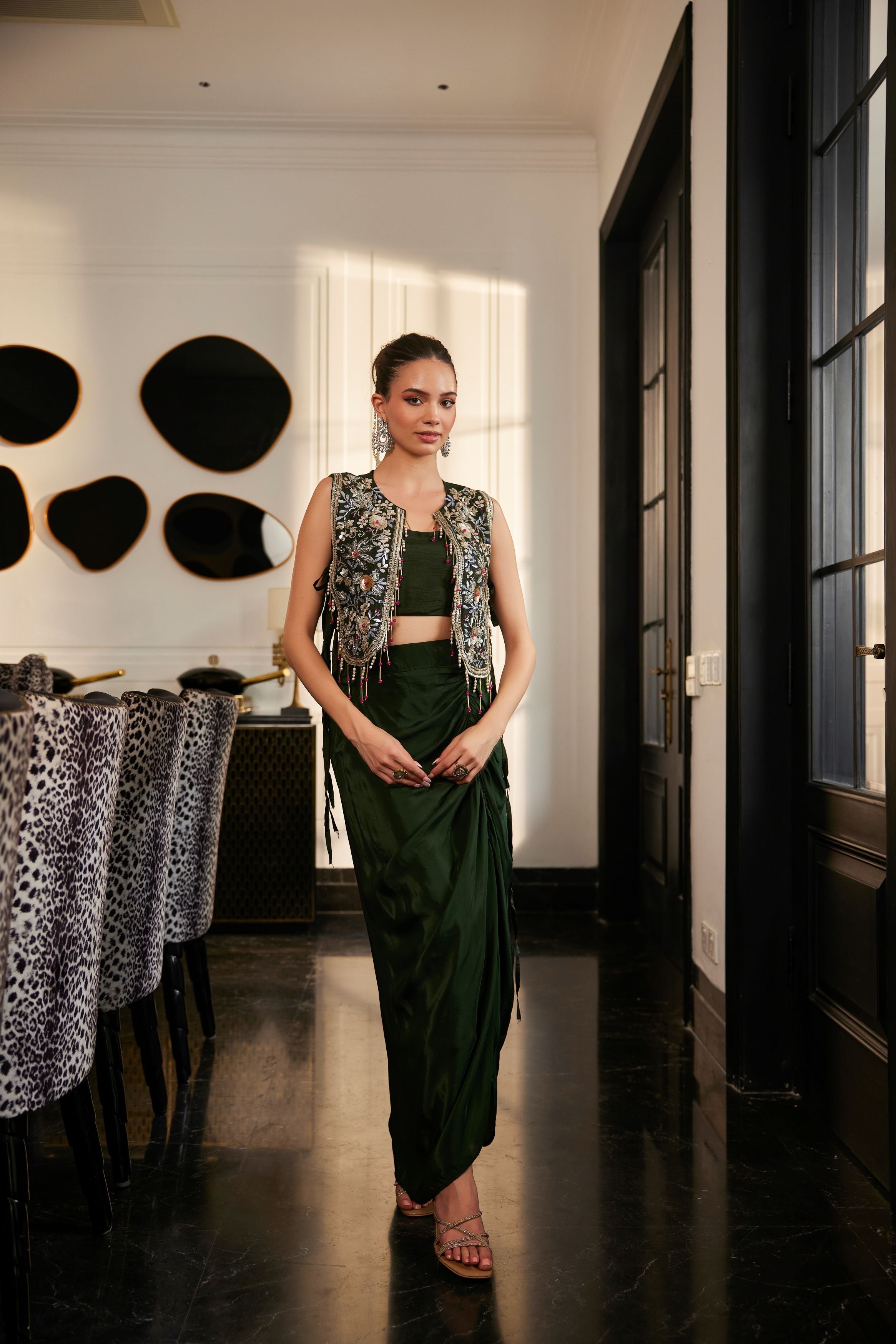 Olive Enchant Hand-Embroidered Drape Skirt Set