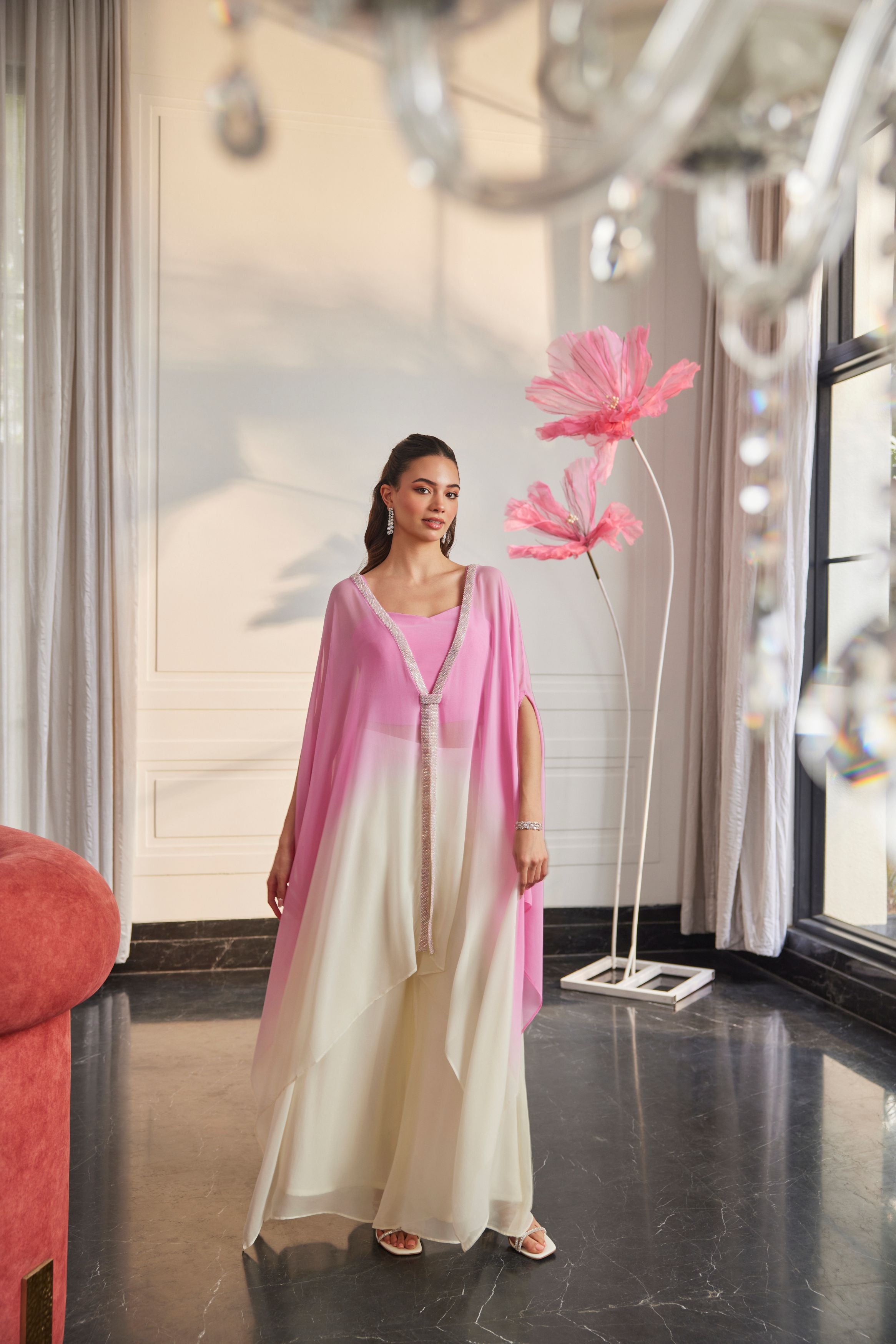 Rose Pink Embellished  Georgette Silk Palazzo Set