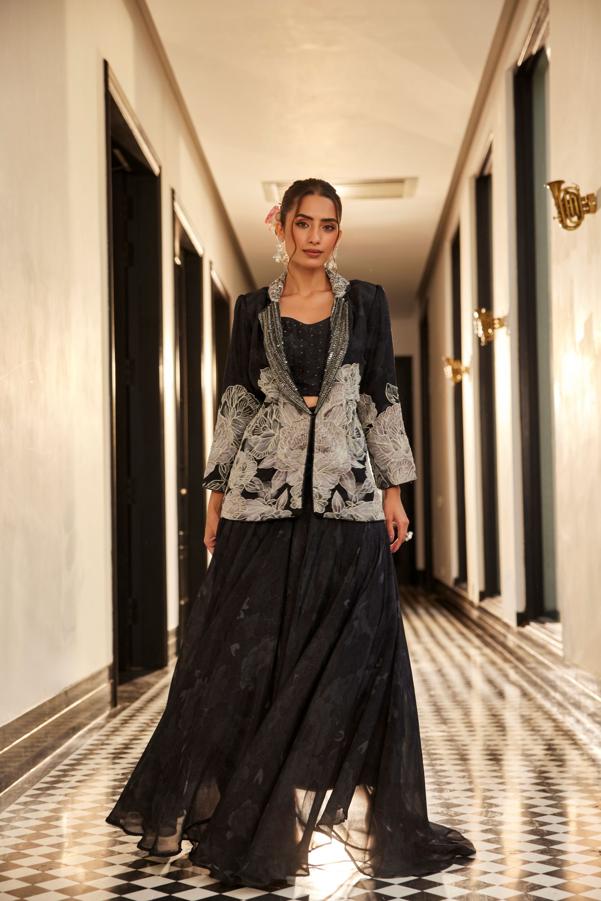 Jet Black Embellished Chinon Silk Palazzo Set