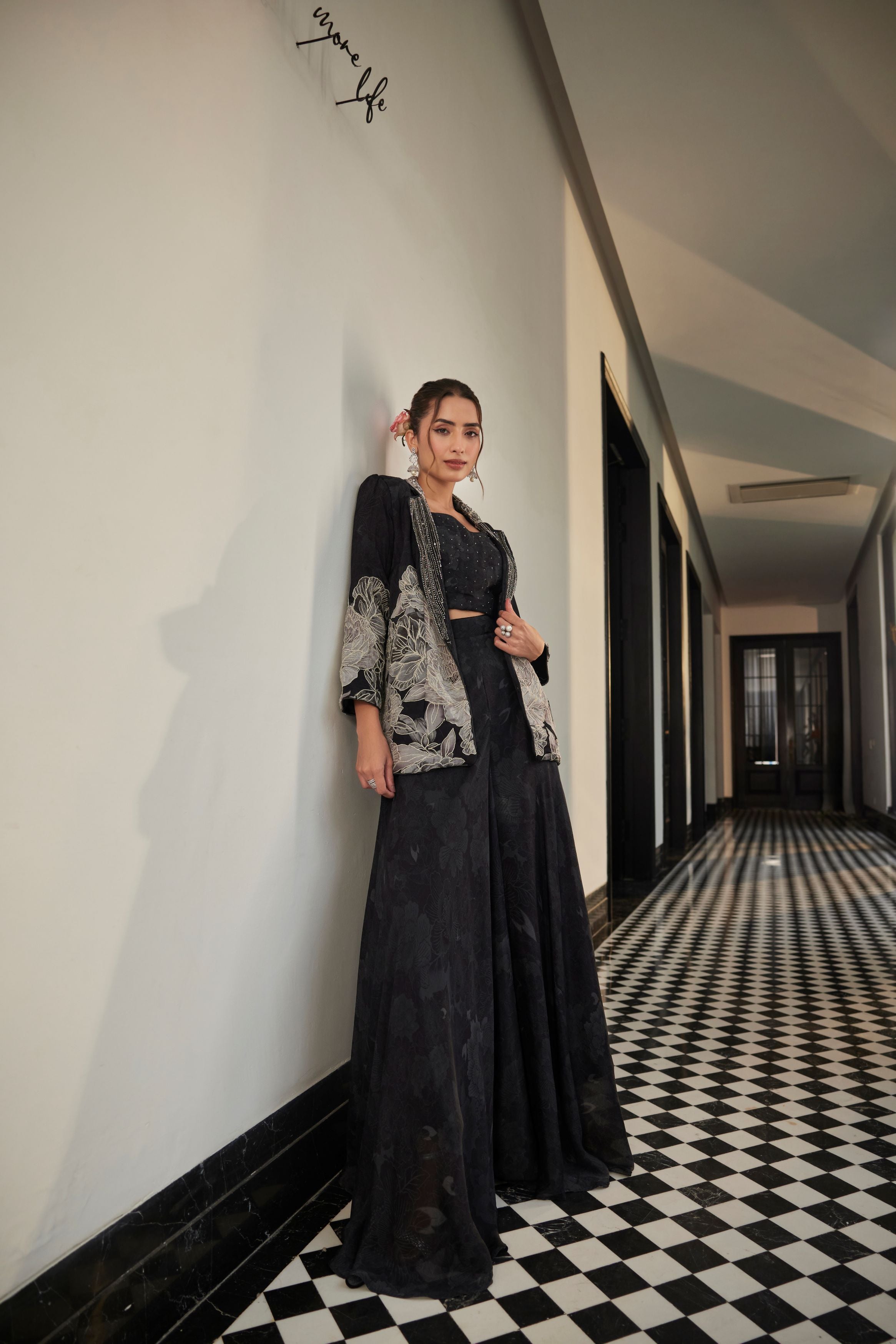 Jet Black Embellished Chinon Silk Palazzo Set