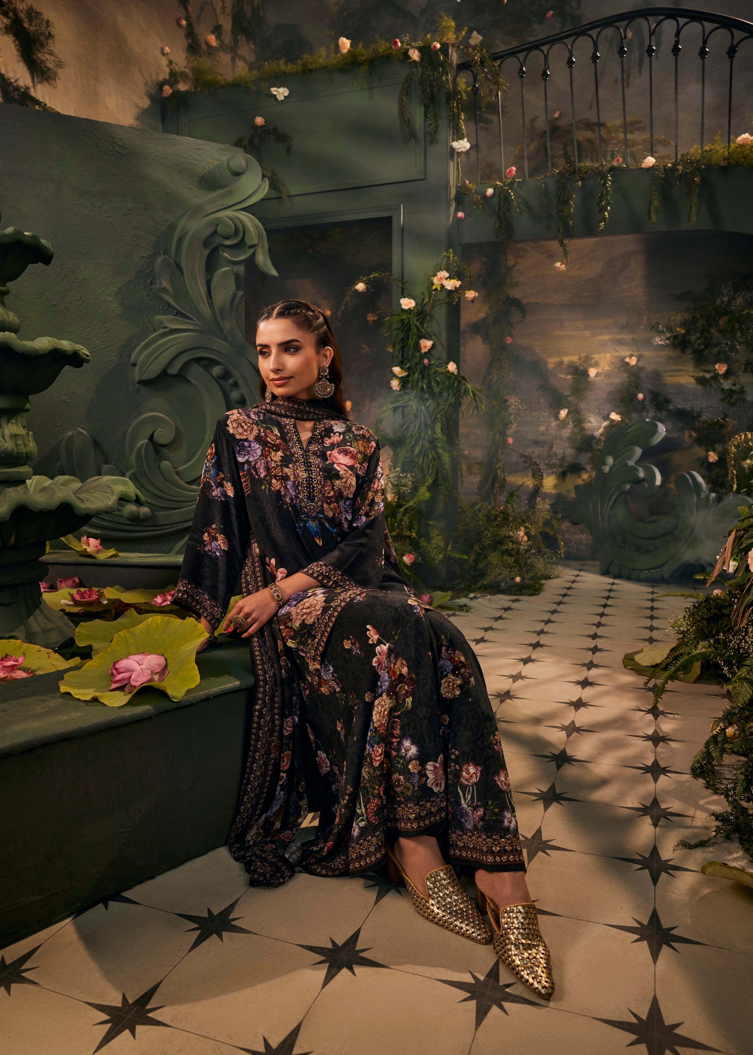 Midnight Black Floral Printed Crepe Silk Sharara Set