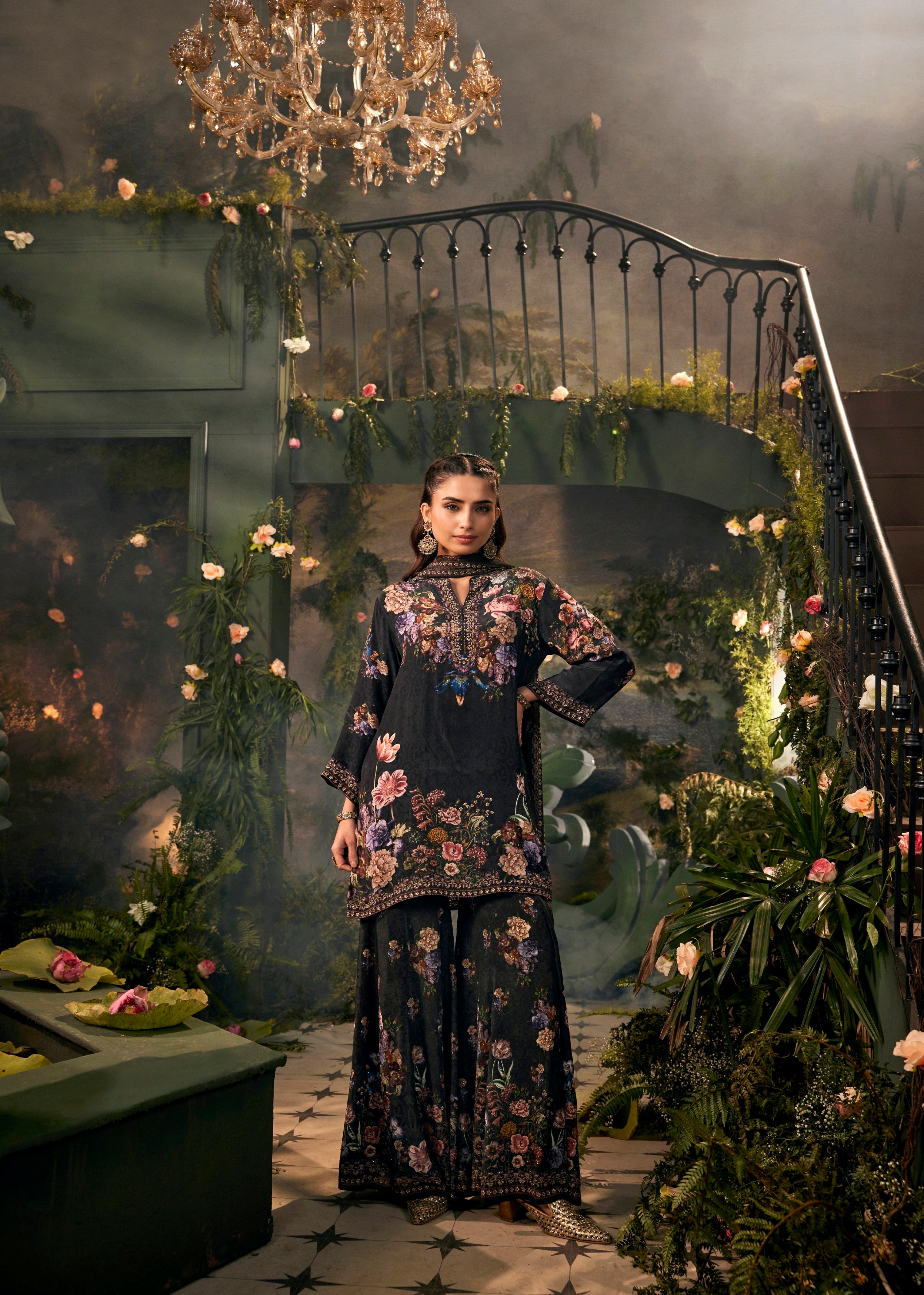 Midnight Black Floral Printed Crepe Silk Sharara Set