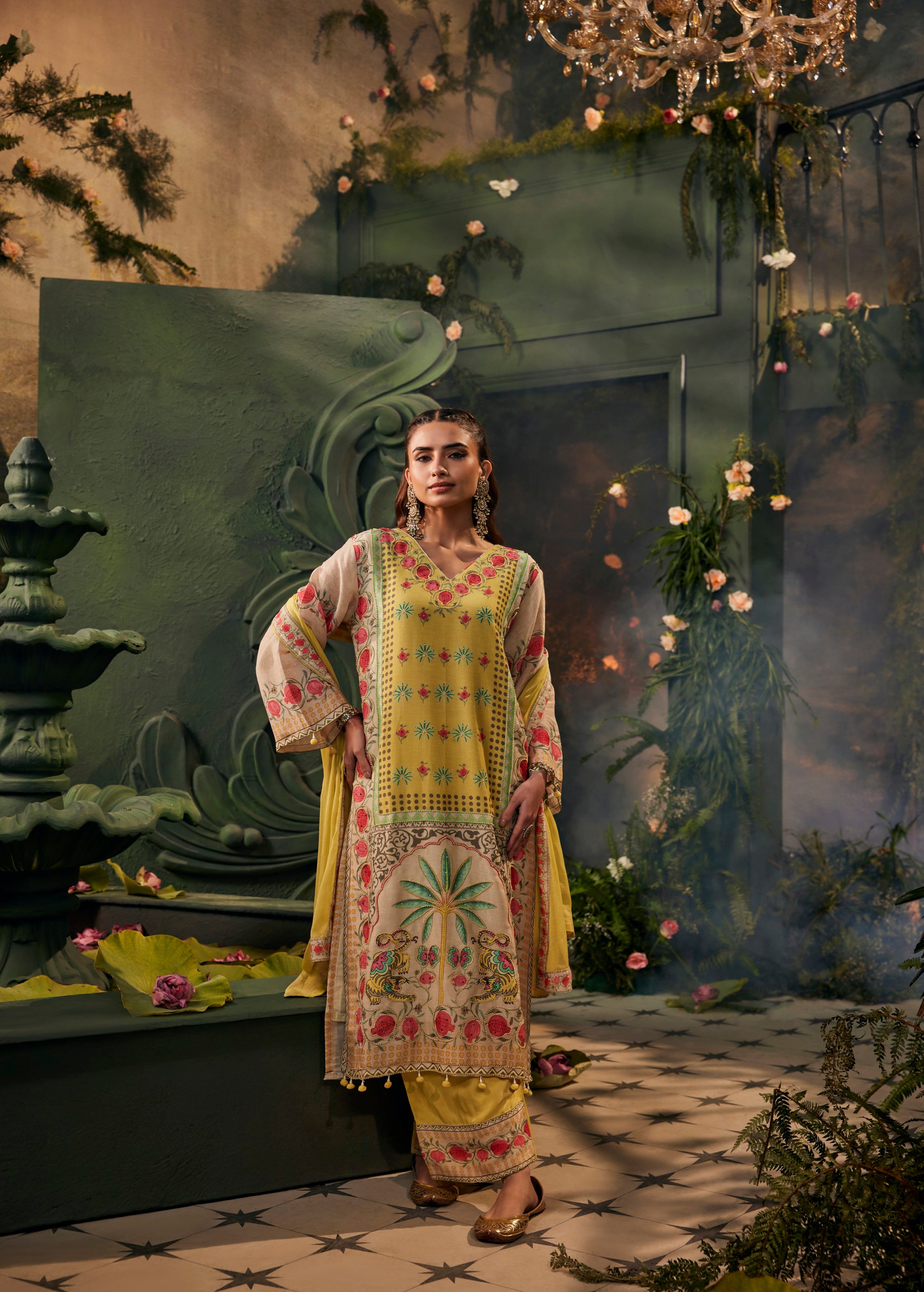 Light Yellow Embellished Premium Silk Palazzo Set