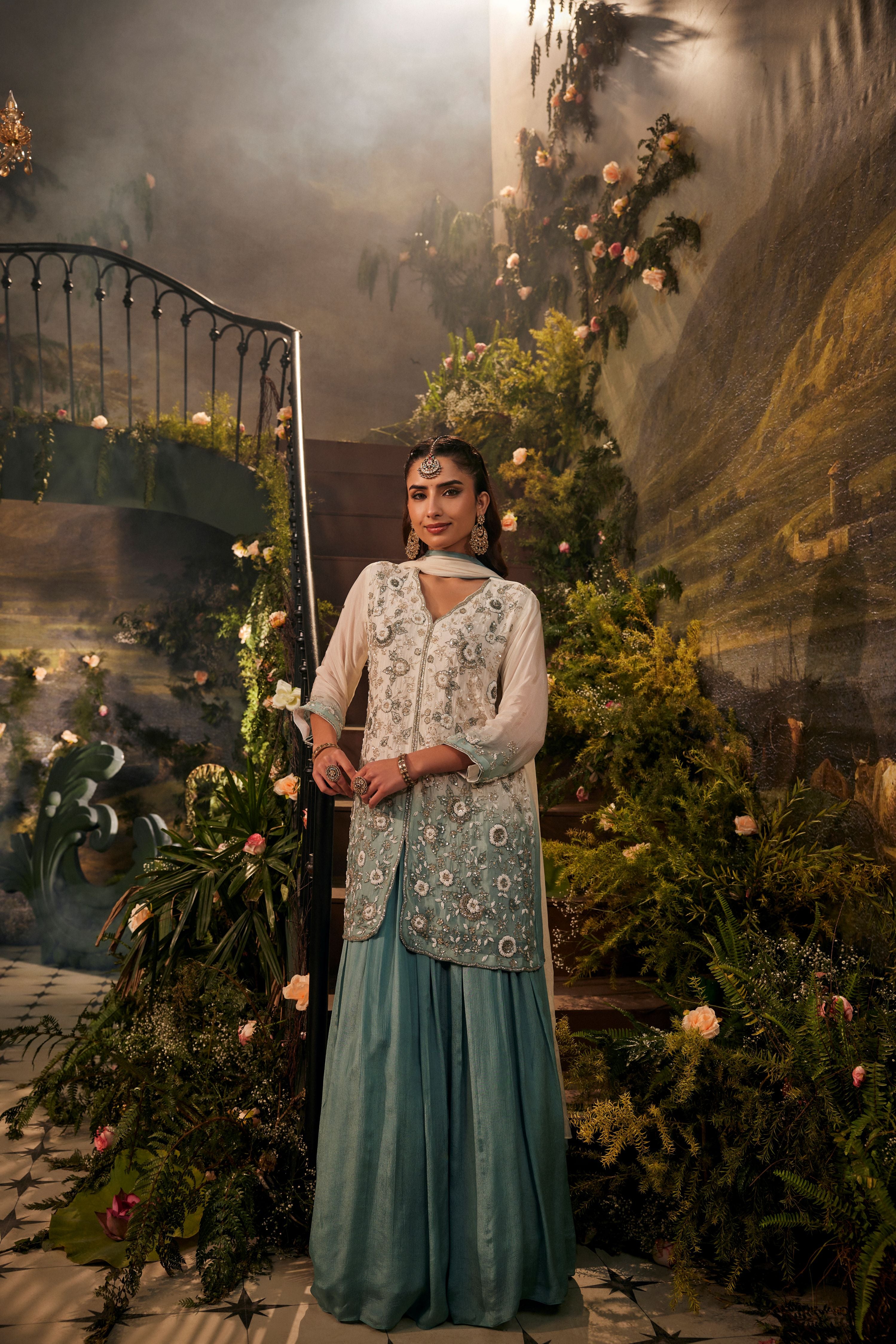 White Ombre Embellished Crepe Silk Palazzo Set