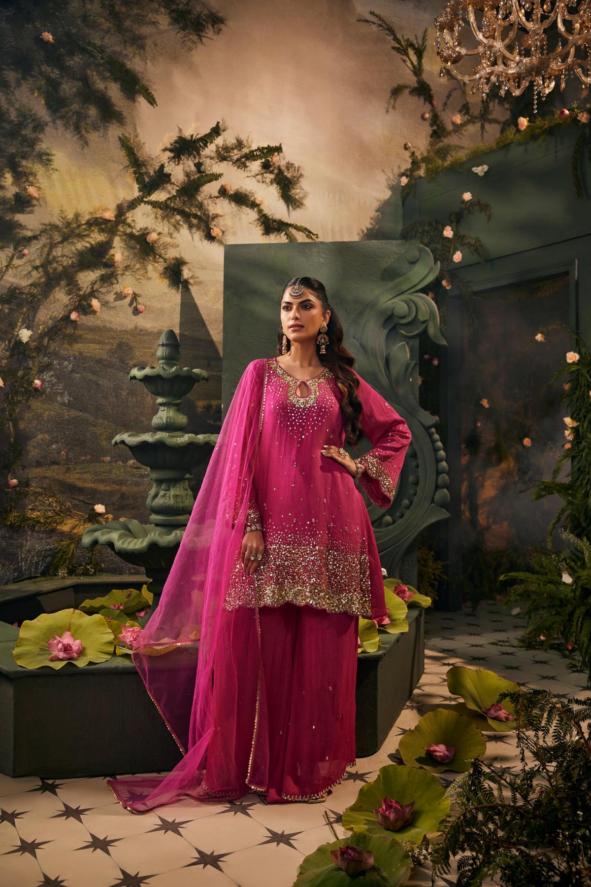 Magenta Gold Embellished Crepe Silk Palazzo Set