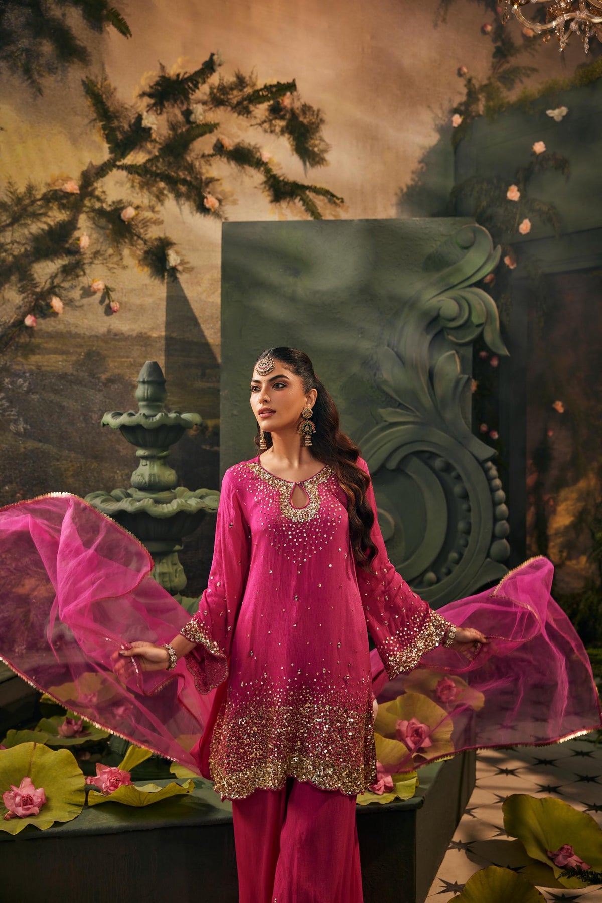 Magenta Gold Embellished Crepe Silk Palazzo Set