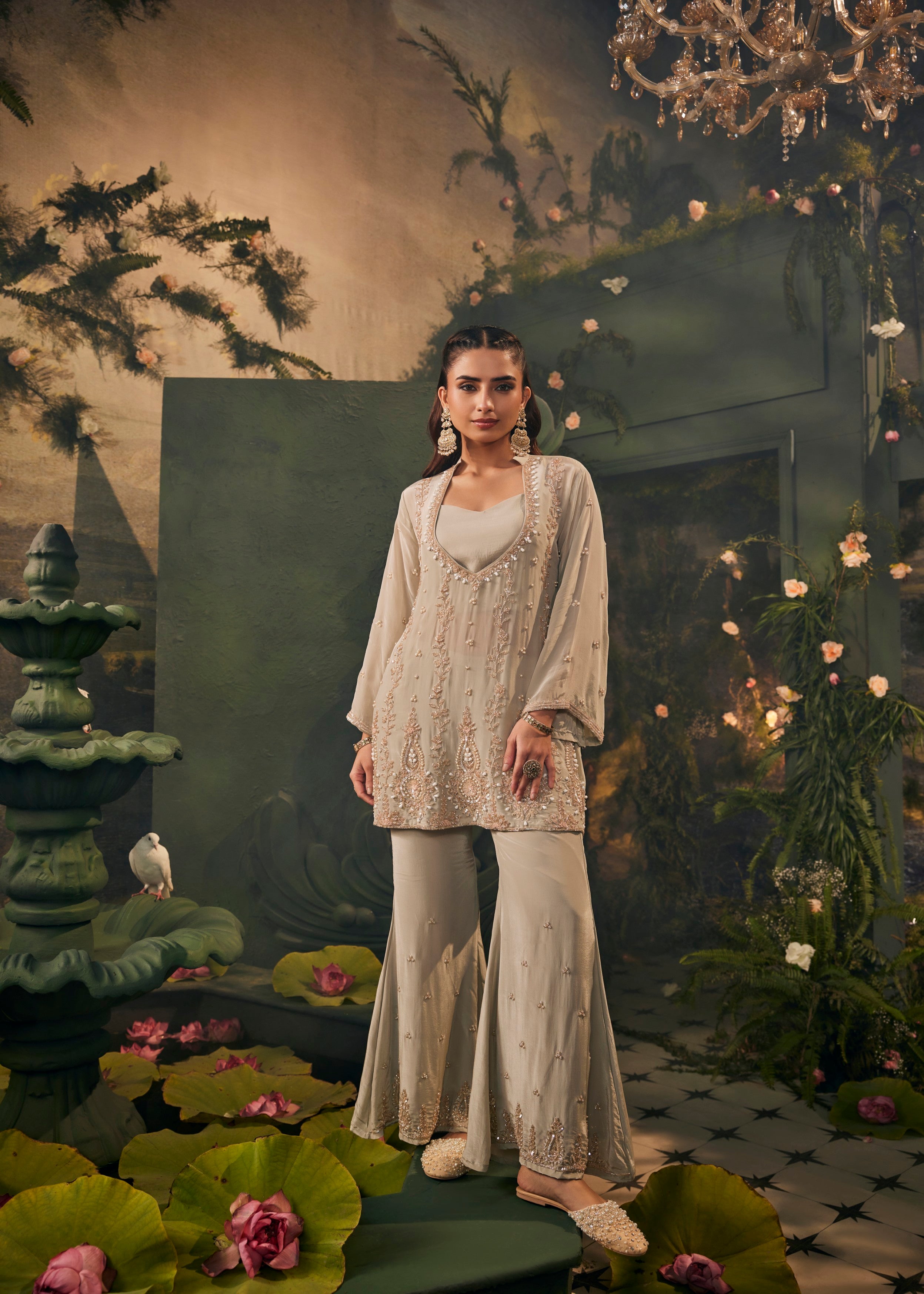 Grey Embellished Crepe Silk Palazzo Set