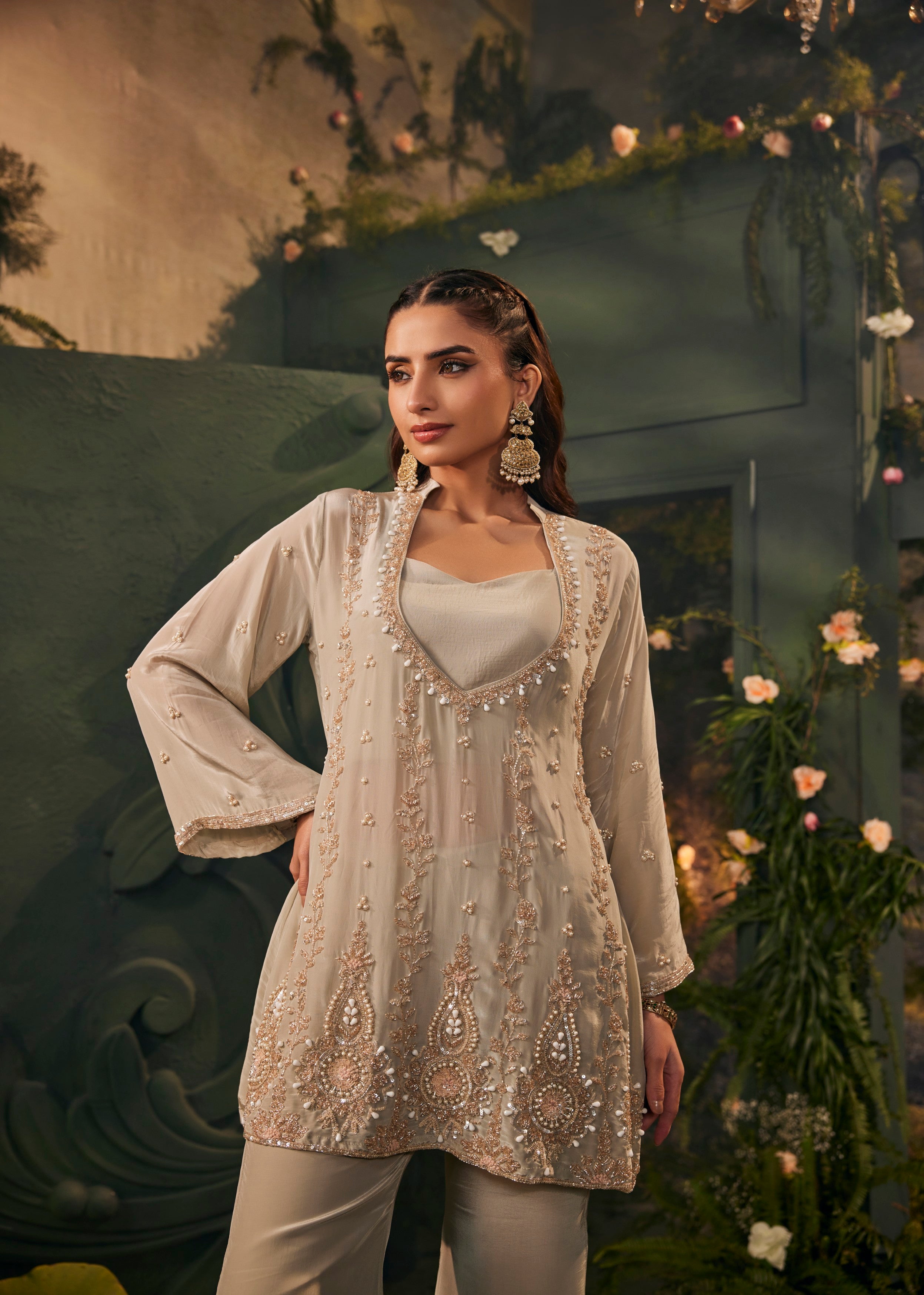 Grey Embellished Crepe Silk Palazzo Set