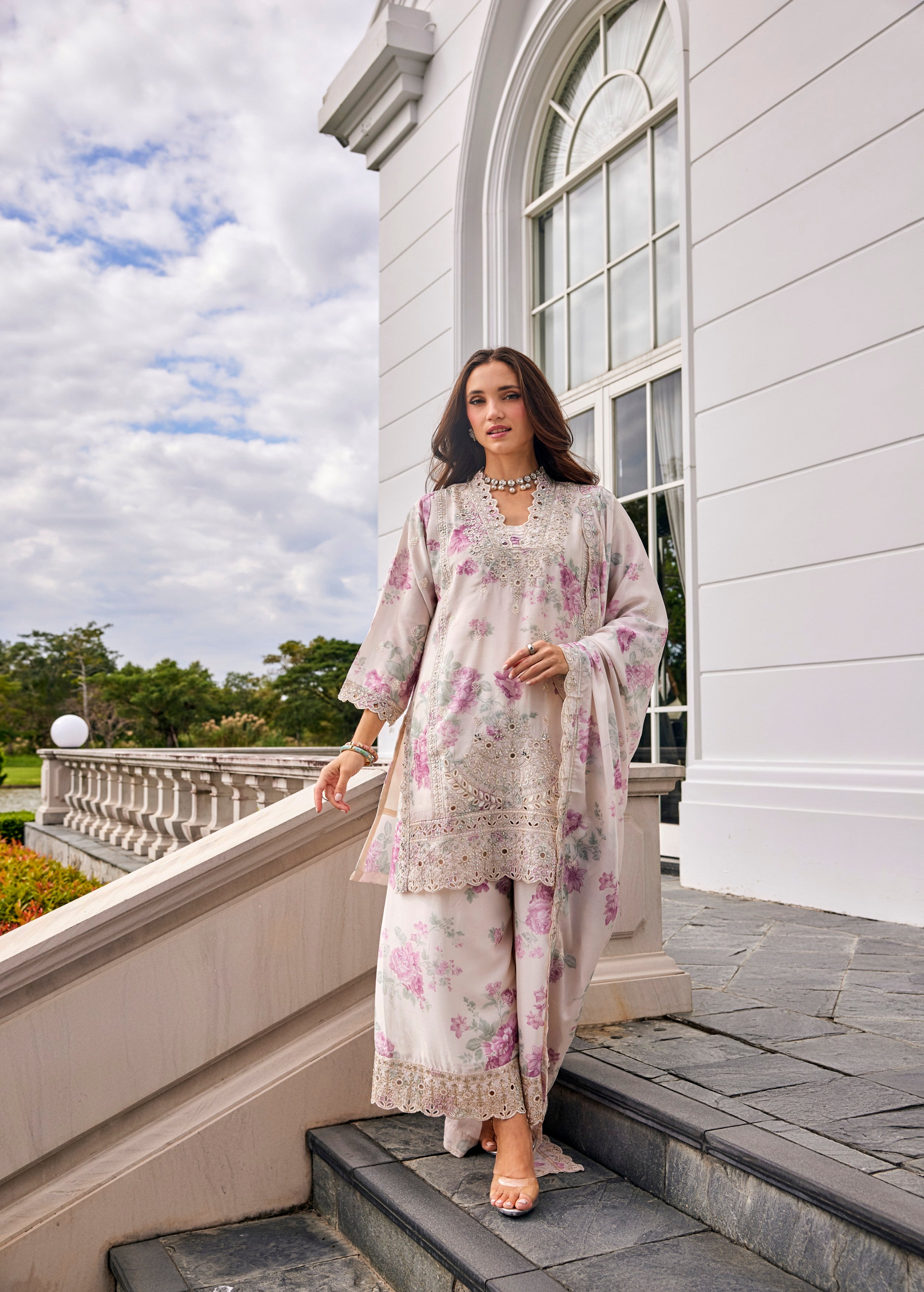 Pearl Ivory Embellished Crepe Silk Palazzo Set