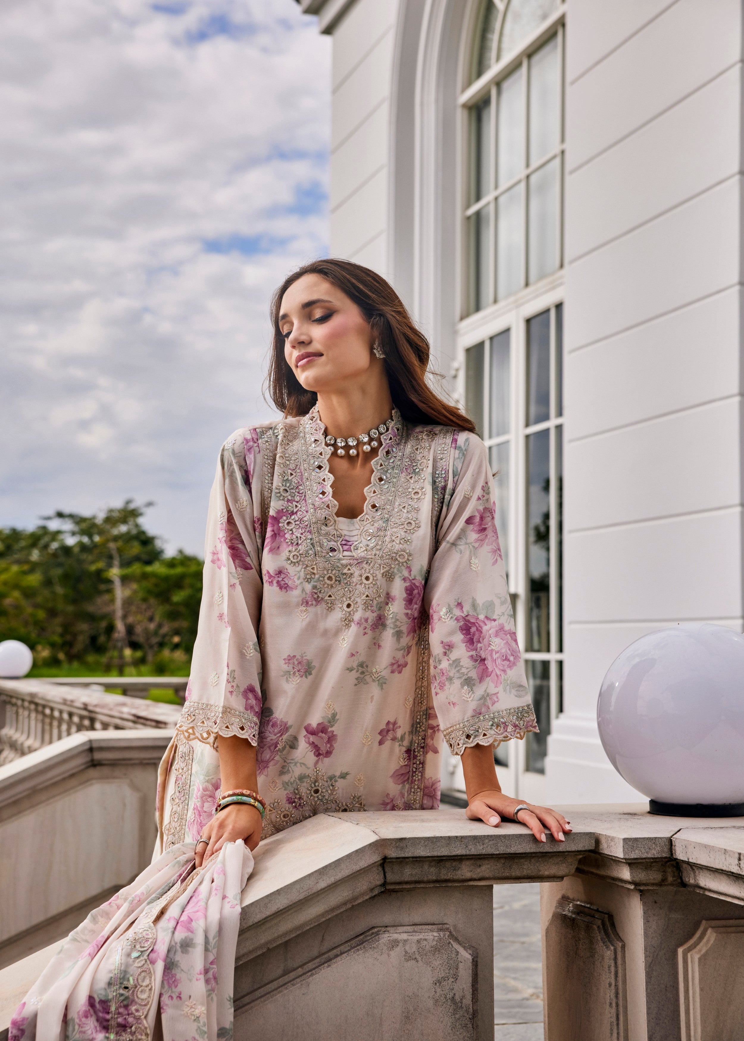 Pearl Ivory Embellished Crepe Silk Palazzo Set