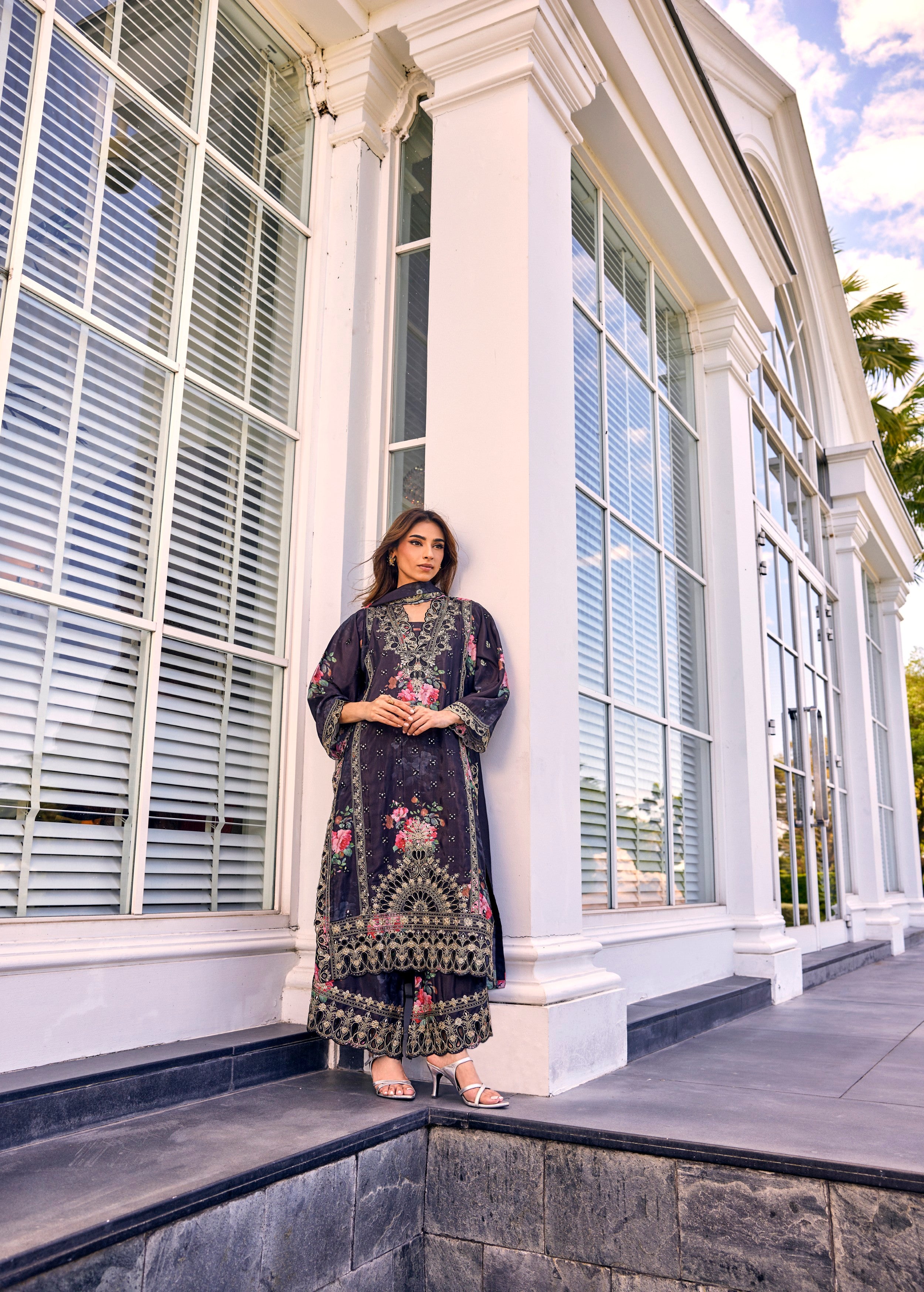 Smokey Black Embroidered Organza Silk Palazzo Set