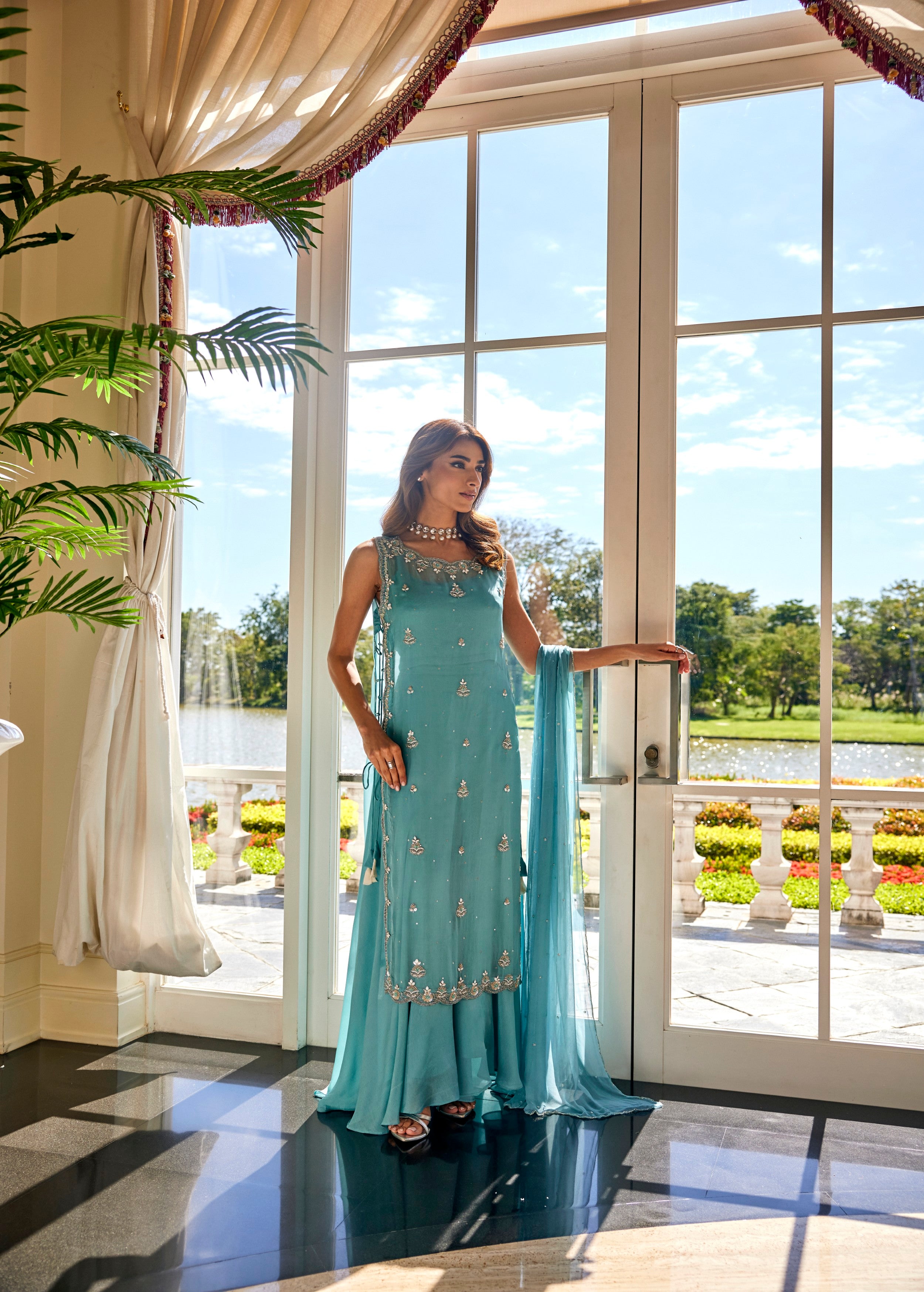 Mist Blue Embellished Soft Organza Palazzo Set