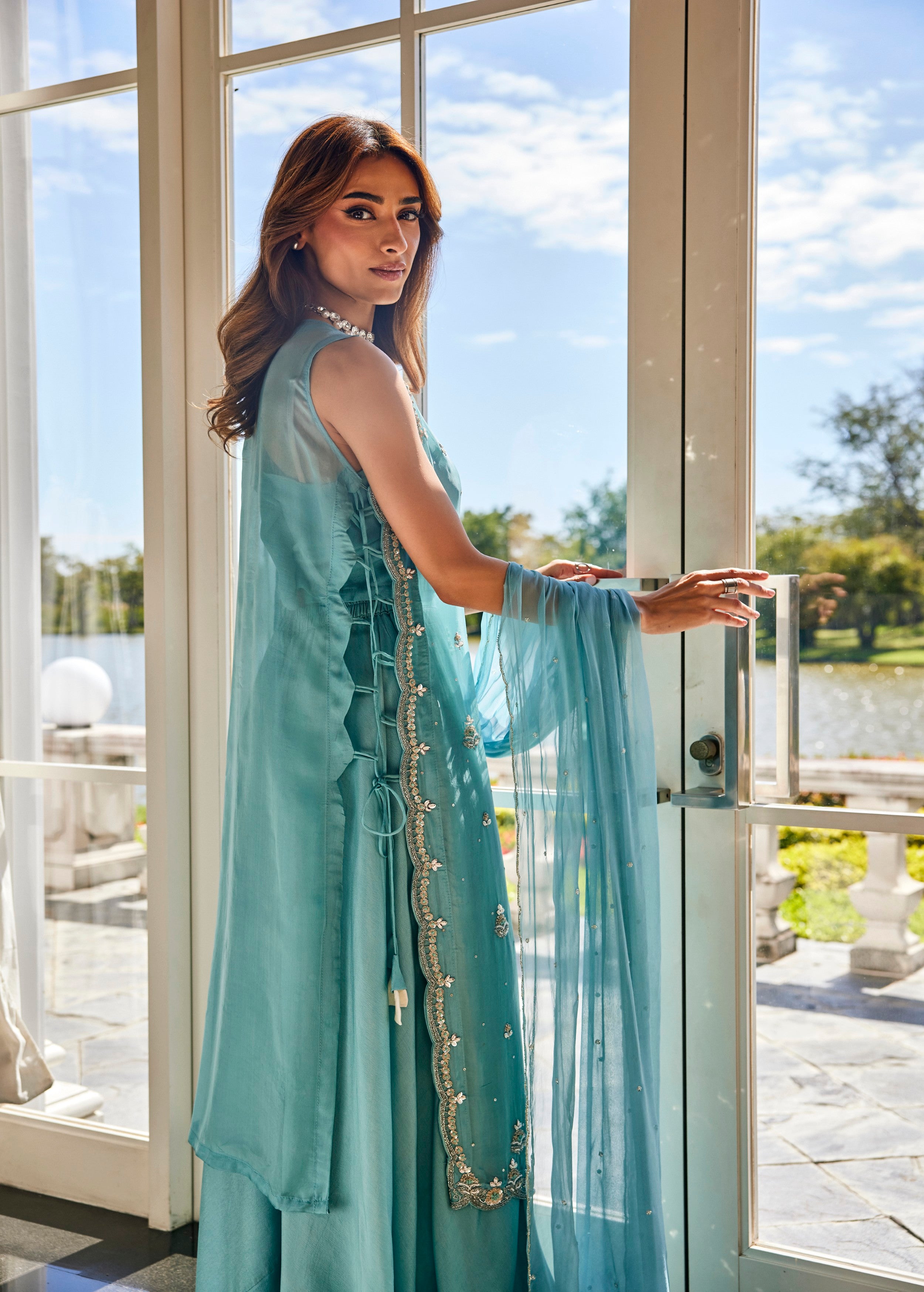 Mist Blue Embellished Soft Organza Palazzo Set