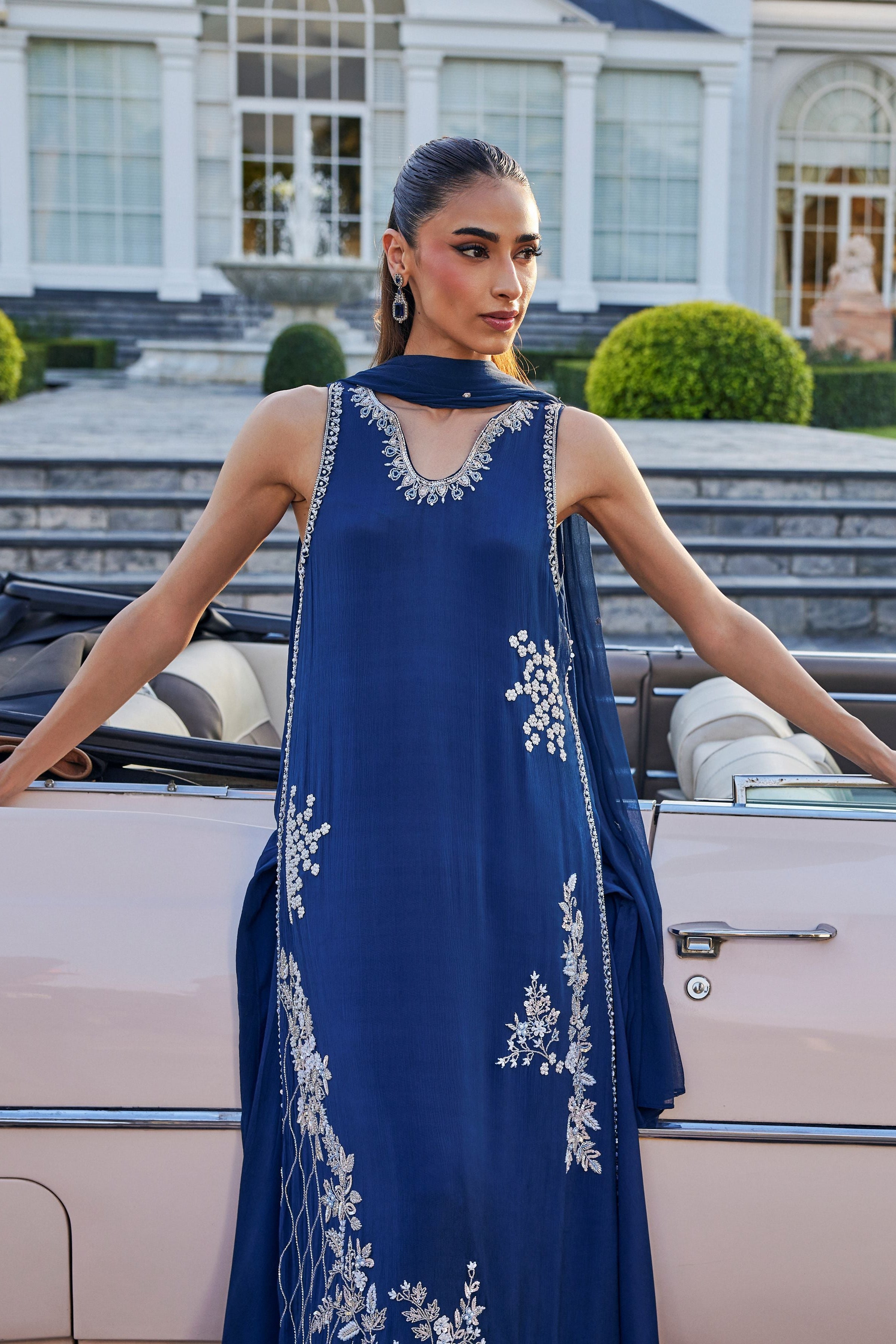 Dark Midnight Blue Embellished Chinon Silk Palazzo Set